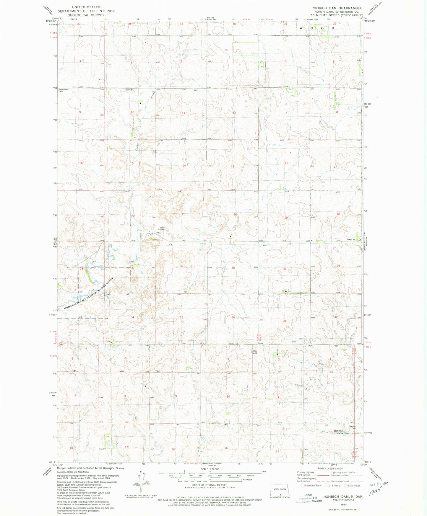 Classic USGS Rohrich Dam North Dakota 7.5'x7.5' Topo Map Image