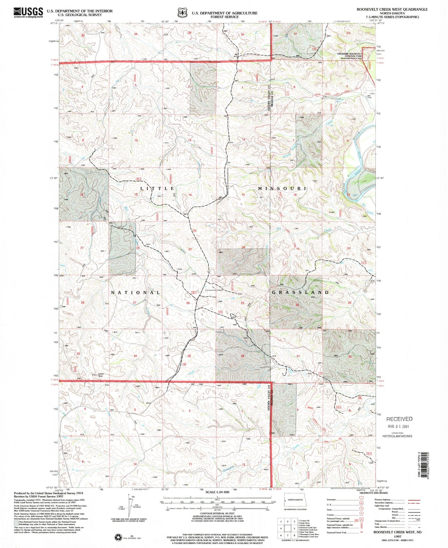 Classic USGS Roosevelt Creek West North Dakota 7.5'x7.5' Topo Map Image