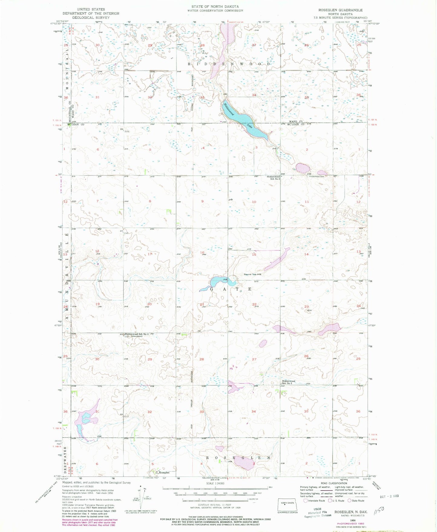 Classic USGS Roseglen North Dakota 7.5'x7.5' Topo Map Image