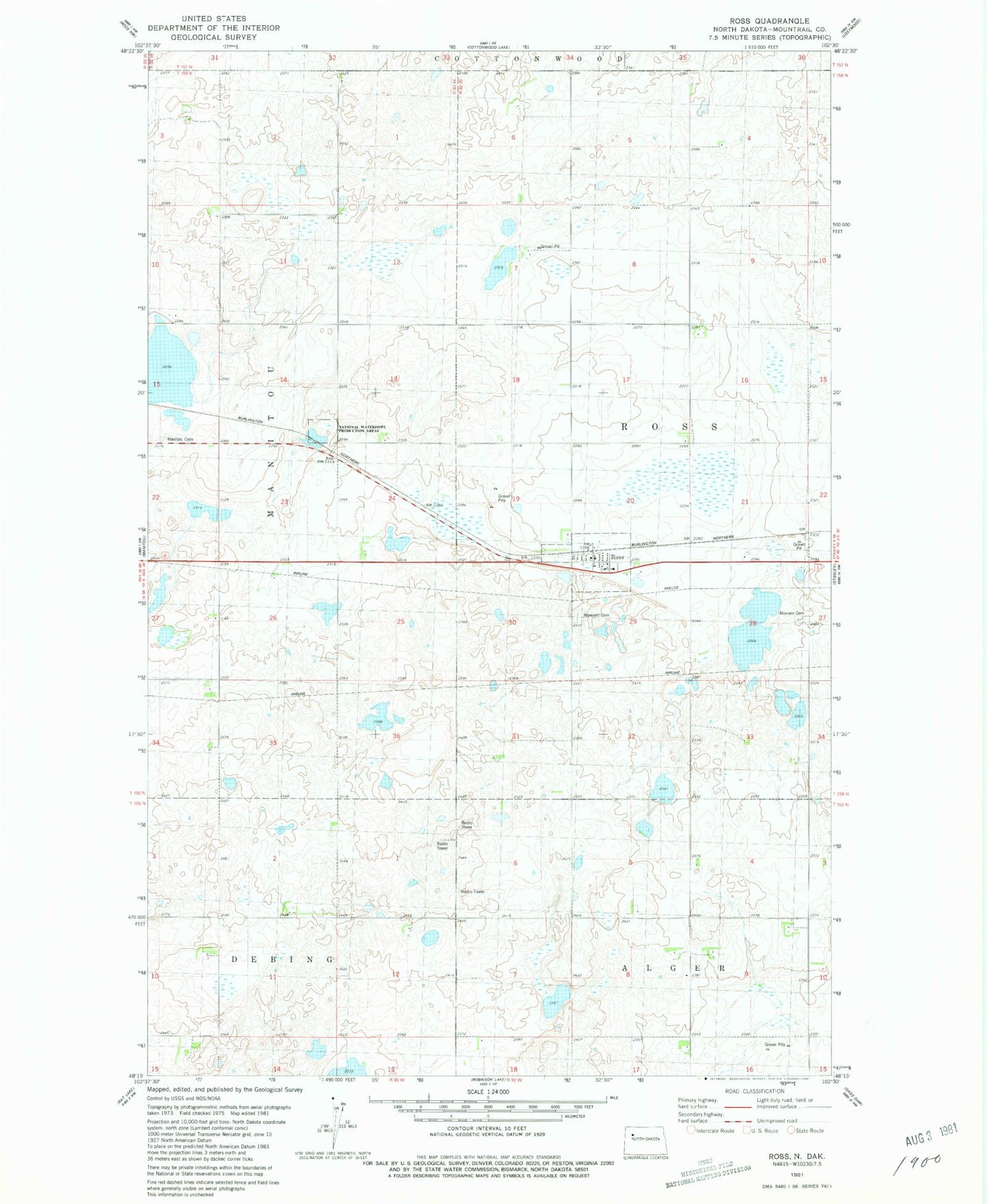 Classic USGS Ross North Dakota 7.5'x7.5' Topo Map Image