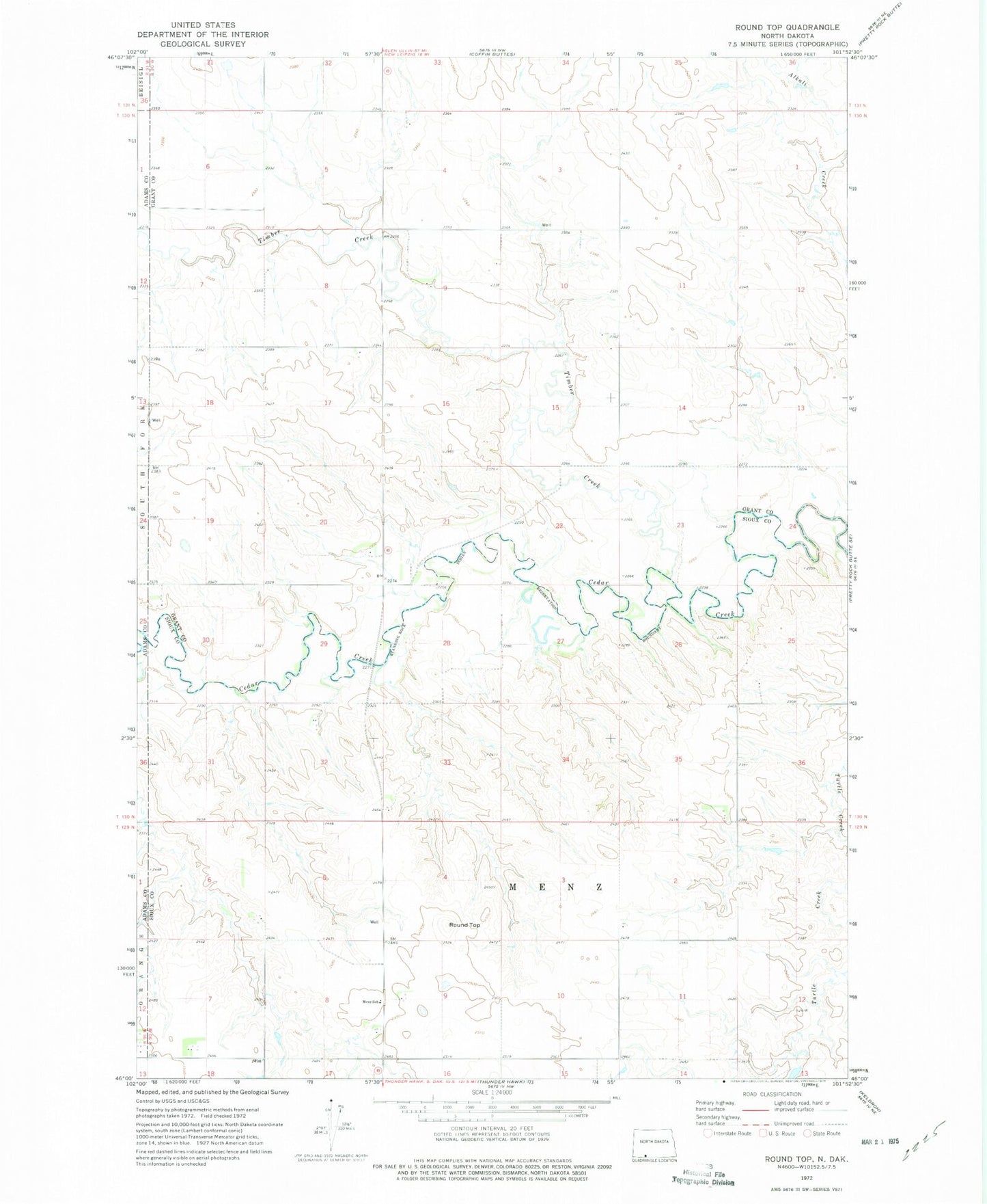 Classic USGS Round Top North Dakota 7.5'x7.5' Topo Map Image