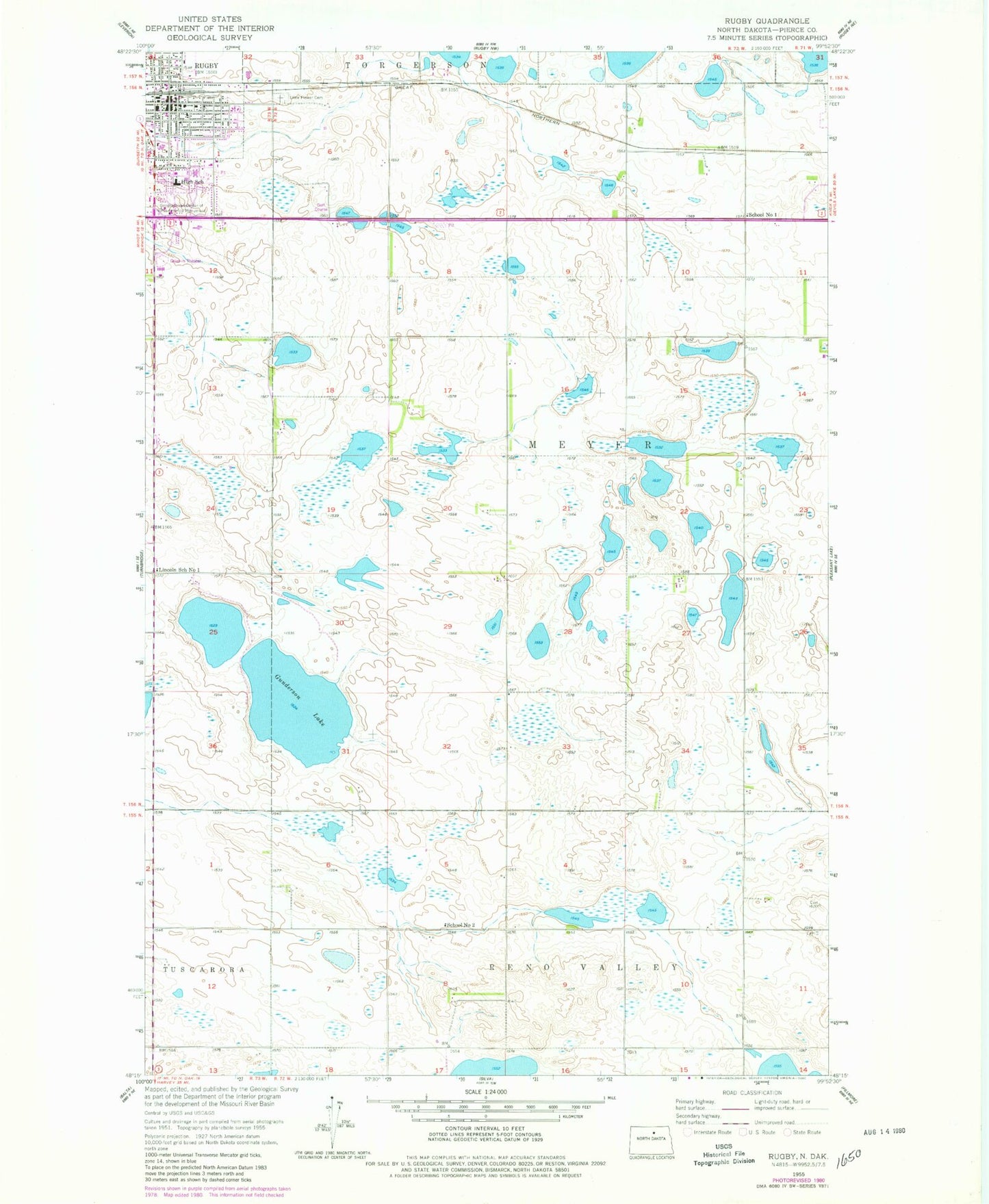 Classic USGS Rugby North Dakota 7.5'x7.5' Topo Map Image