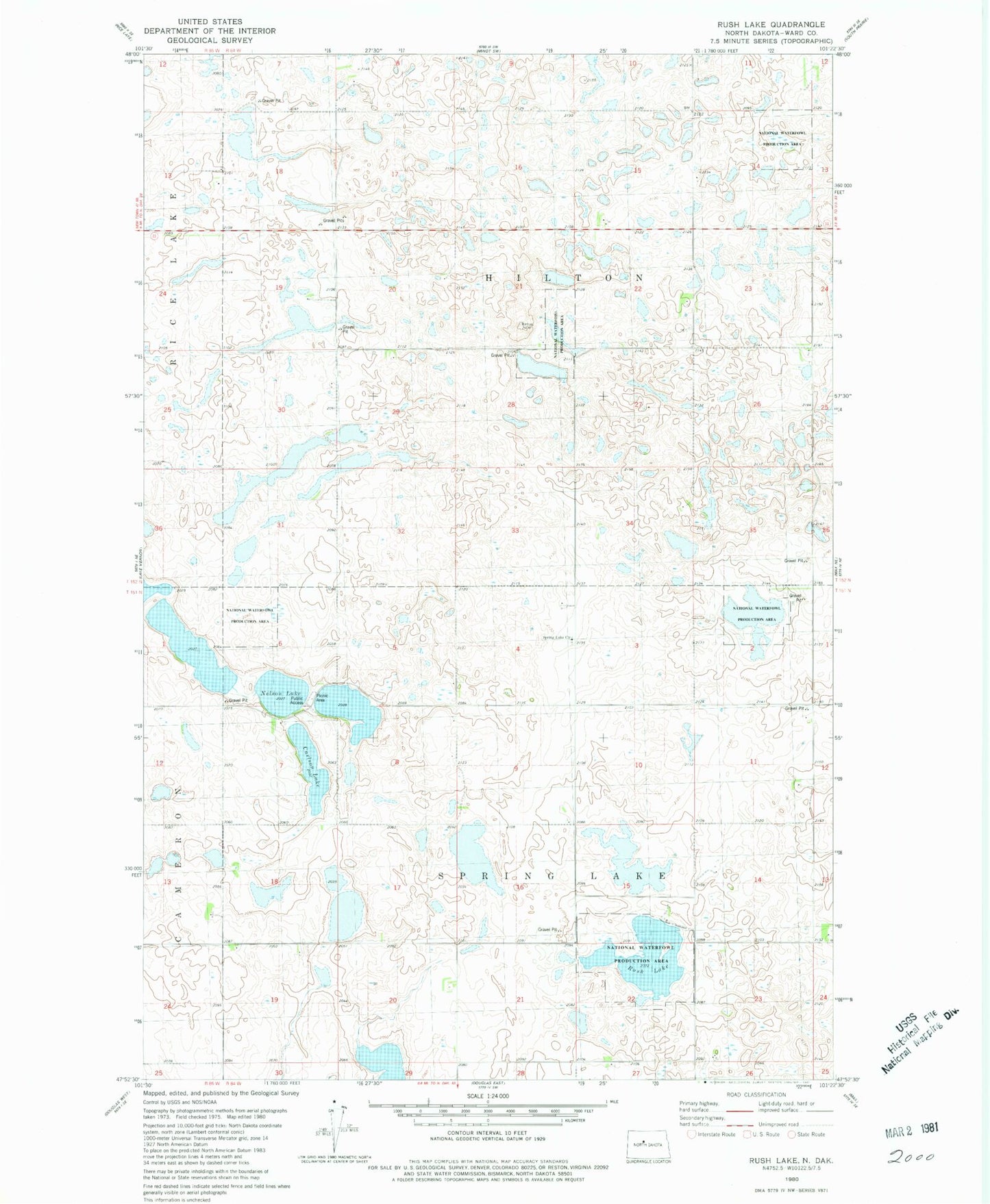 Classic USGS Rush Lake North Dakota 7.5'x7.5' Topo Map Image