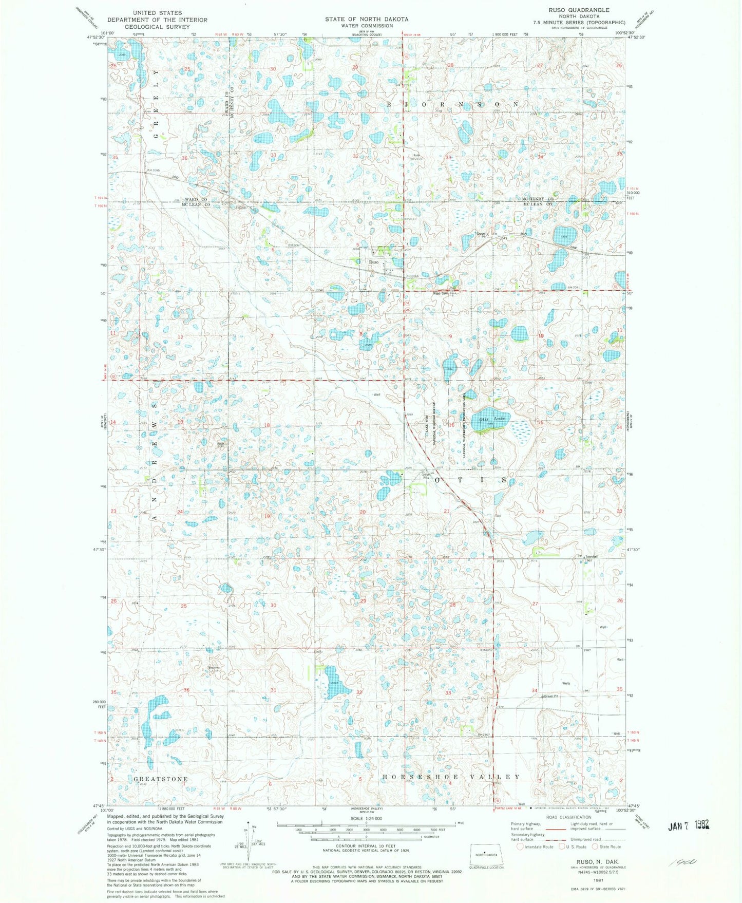 Classic USGS Ruso North Dakota 7.5'x7.5' Topo Map Image