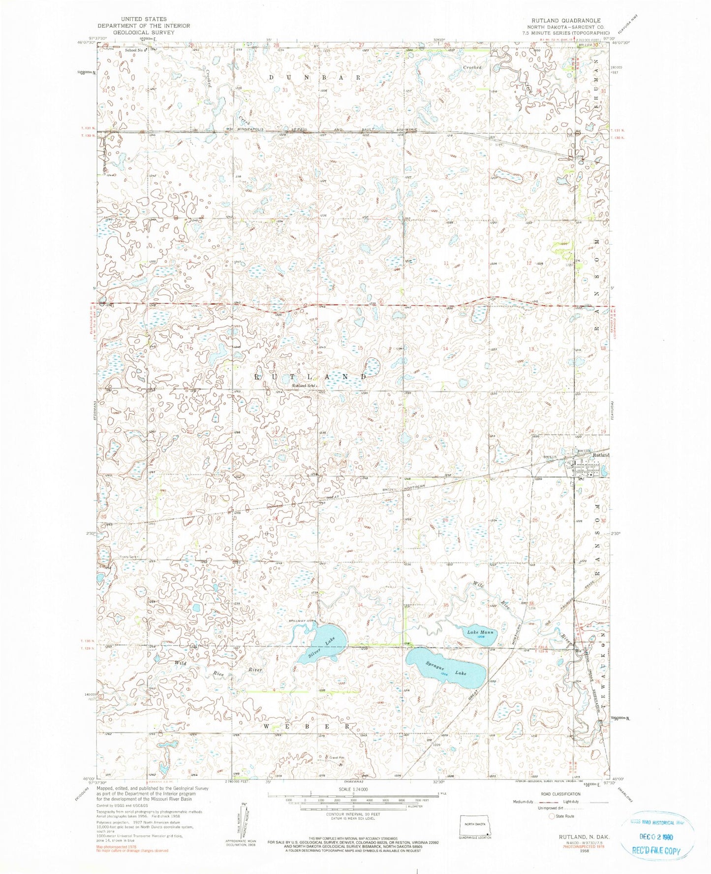 Classic USGS Rutland North Dakota 7.5'x7.5' Topo Map Image