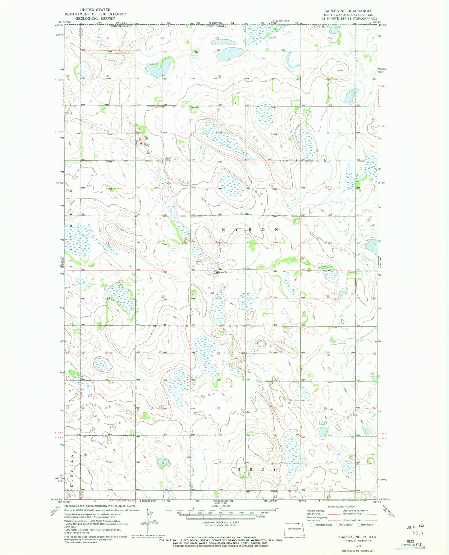 Classic USGS Sarles NE North Dakota 7.5'x7.5' Topo Map Image