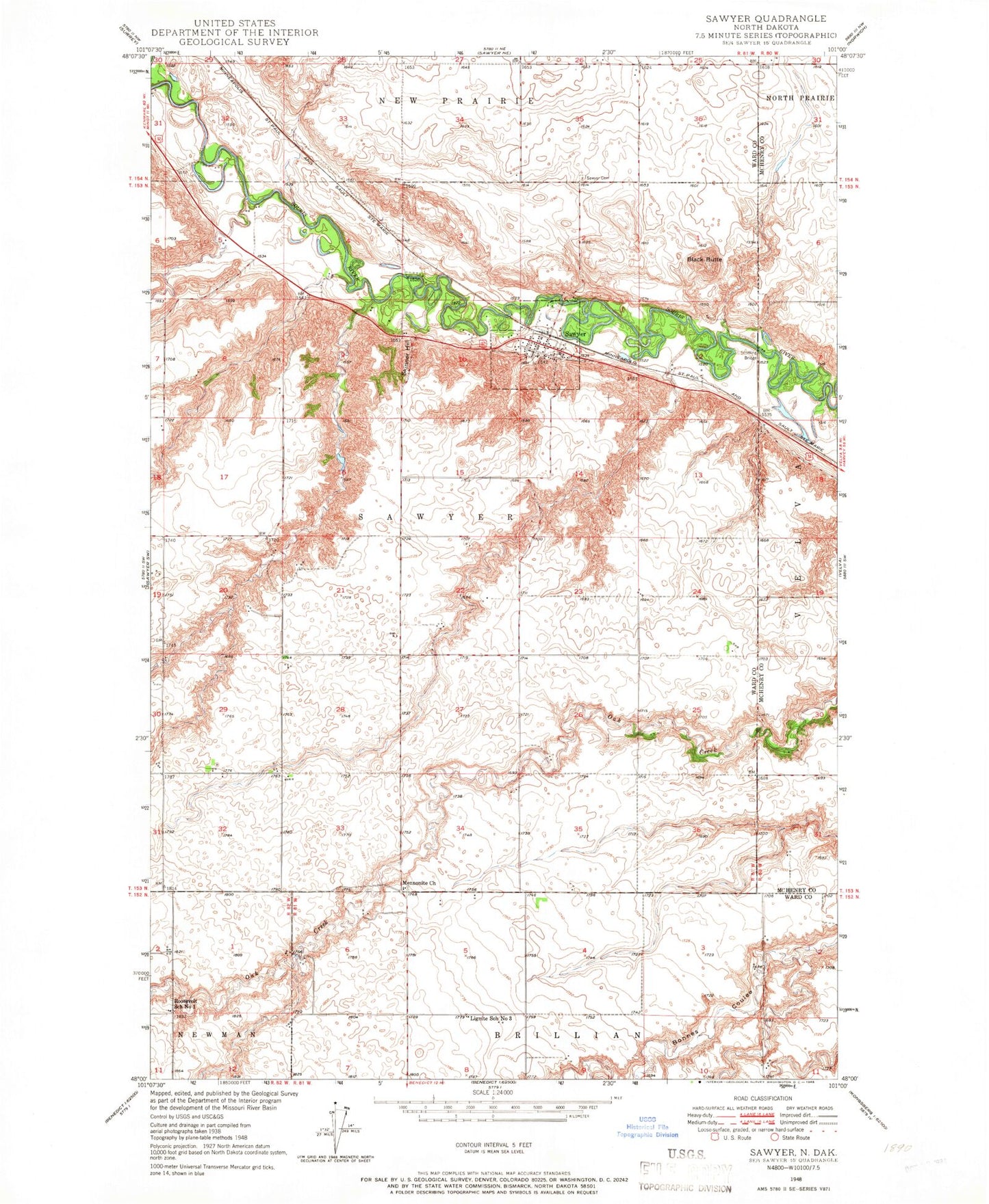 Classic USGS Sawyer North Dakota 7.5'x7.5' Topo Map Image