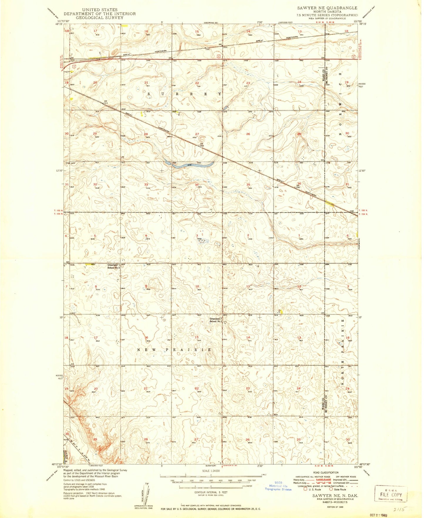 Classic USGS Sawyer NE North Dakota 7.5'x7.5' Topo Map Image