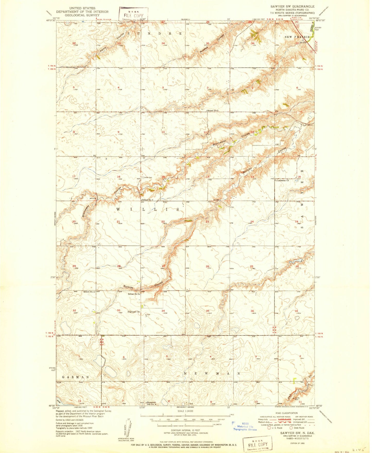 Classic USGS Sawyer SW North Dakota 7.5'x7.5' Topo Map Image