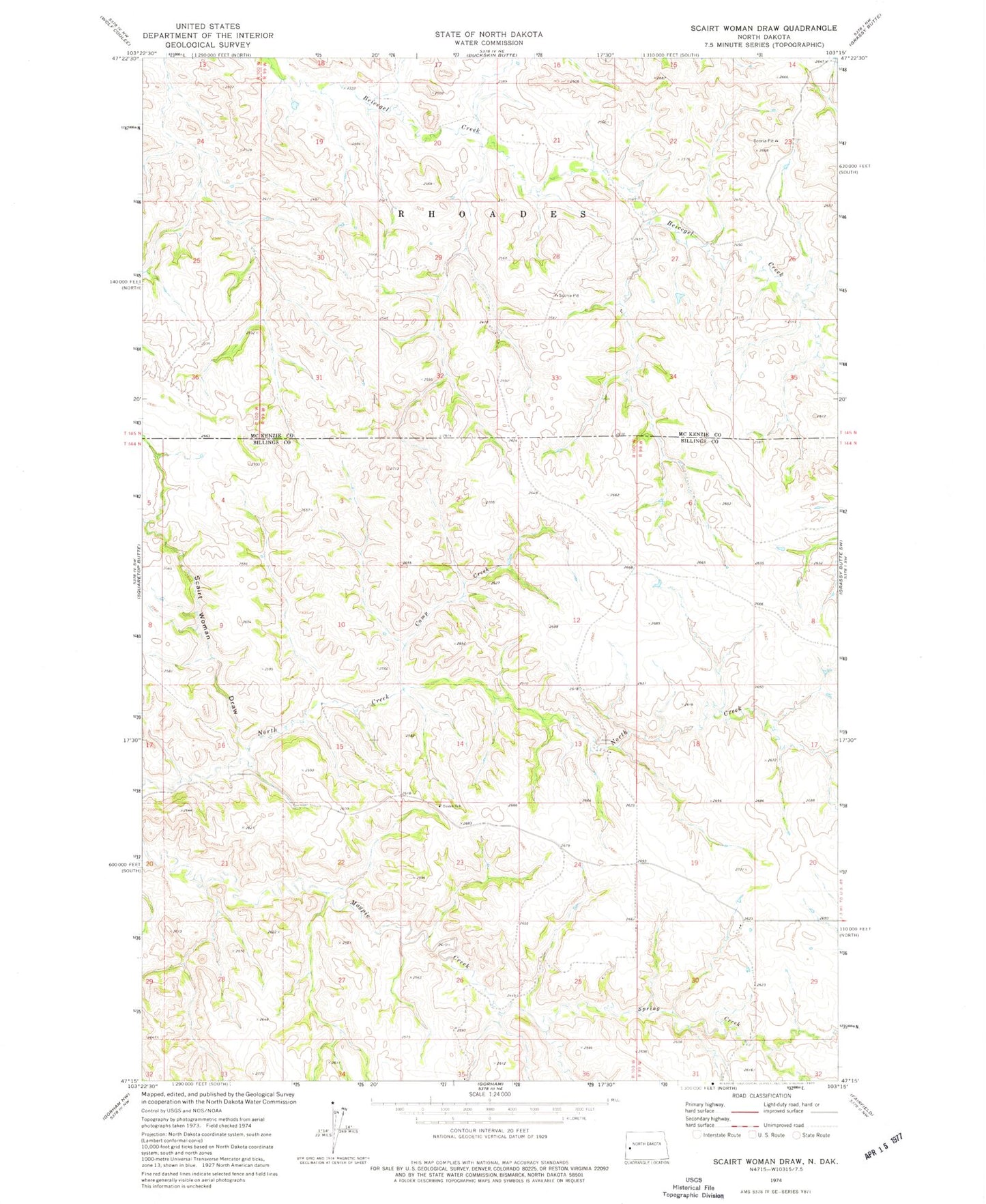 Classic USGS Scairt Woman Draw North Dakota 7.5'x7.5' Topo Map Image