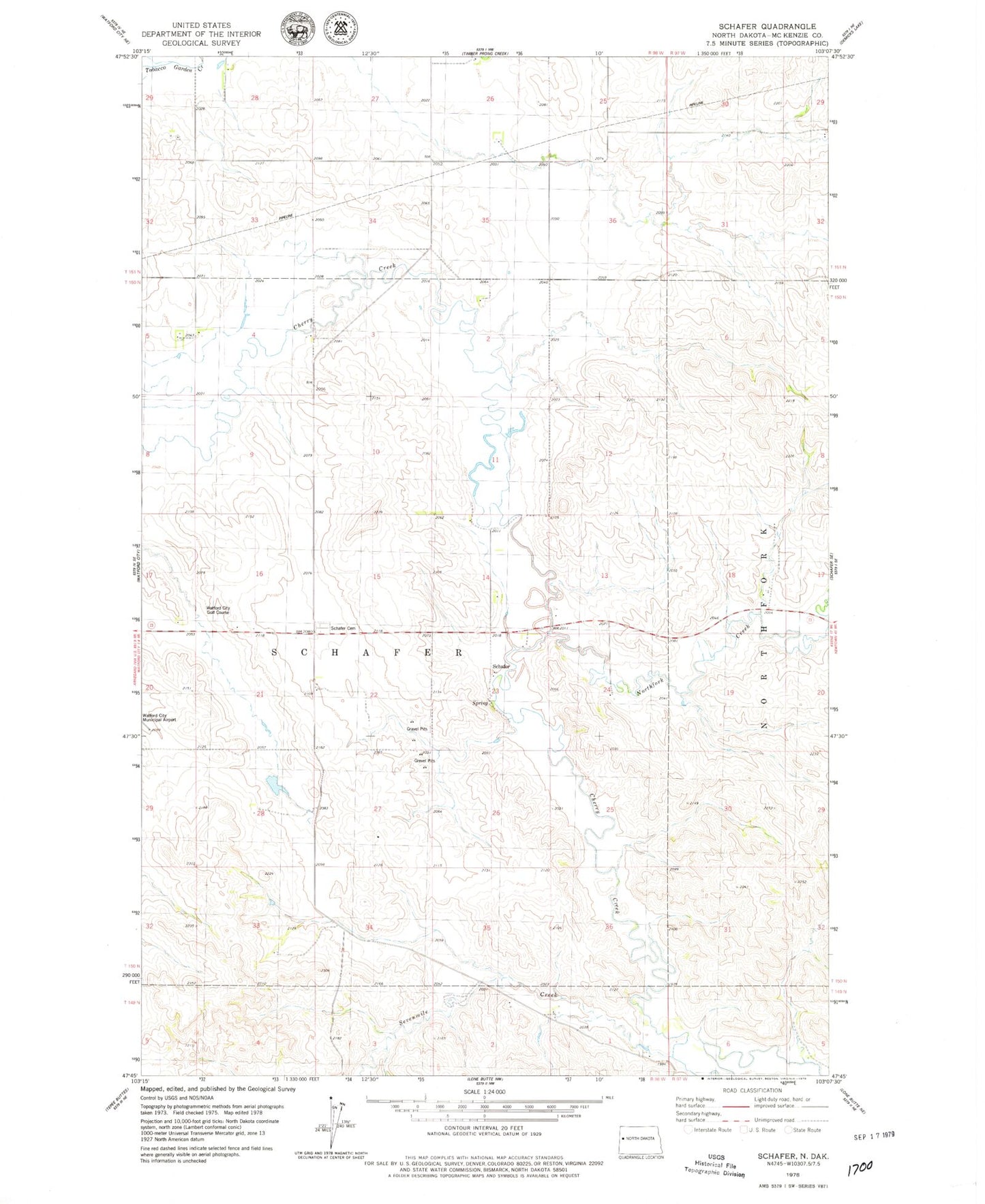 Classic USGS Schafer North Dakota 7.5'x7.5' Topo Map Image