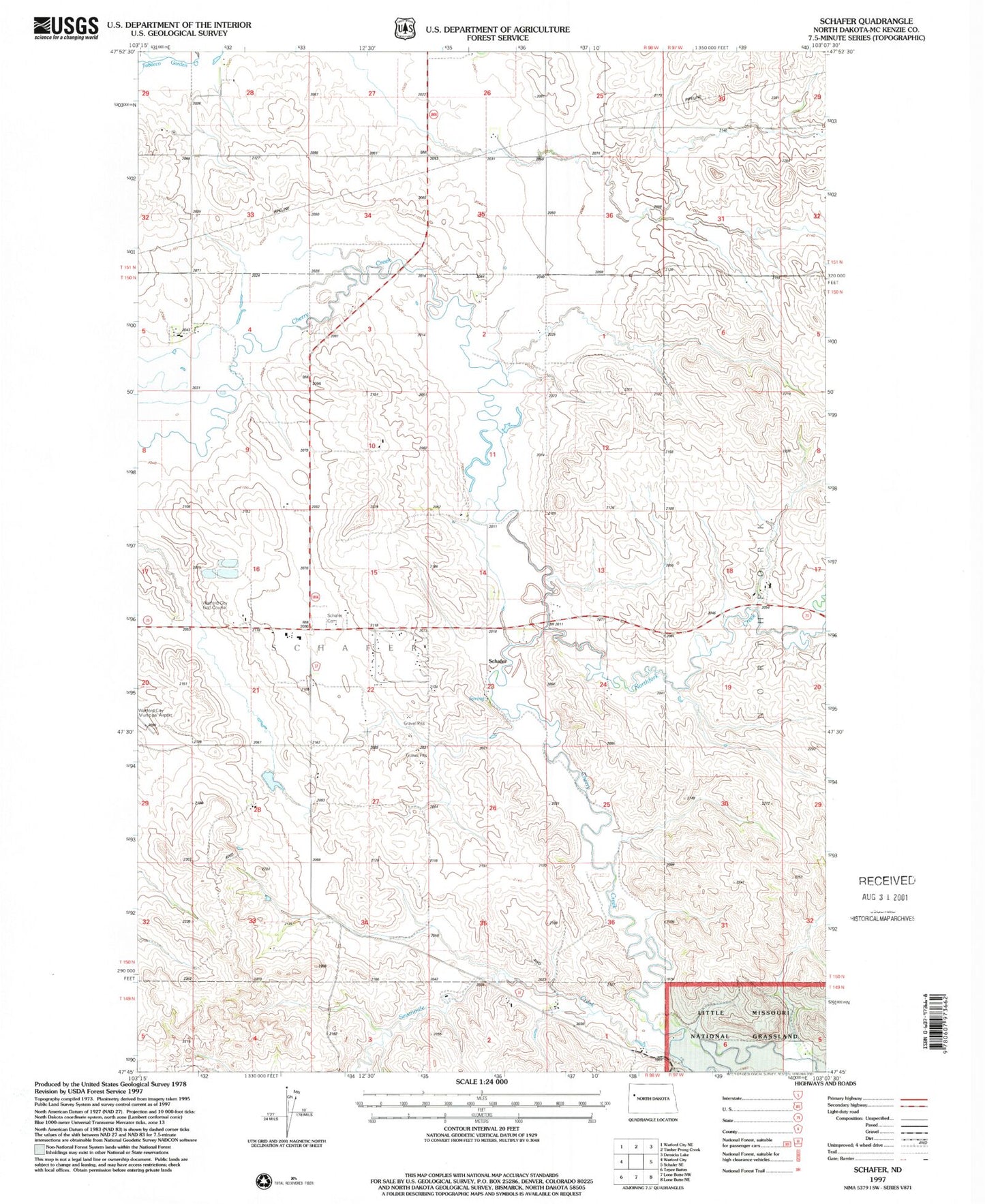 Classic USGS Schafer North Dakota 7.5'x7.5' Topo Map Image