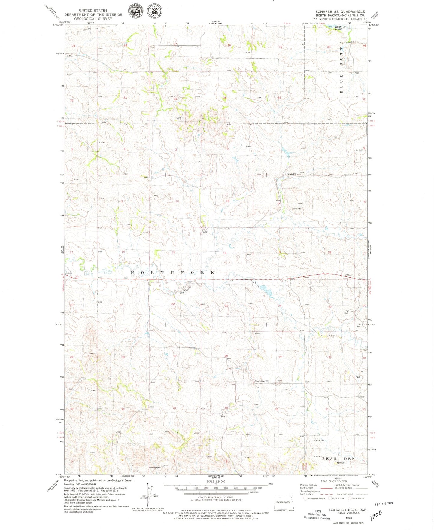 Classic USGS Schafer SE North Dakota 7.5'x7.5' Topo Map Image