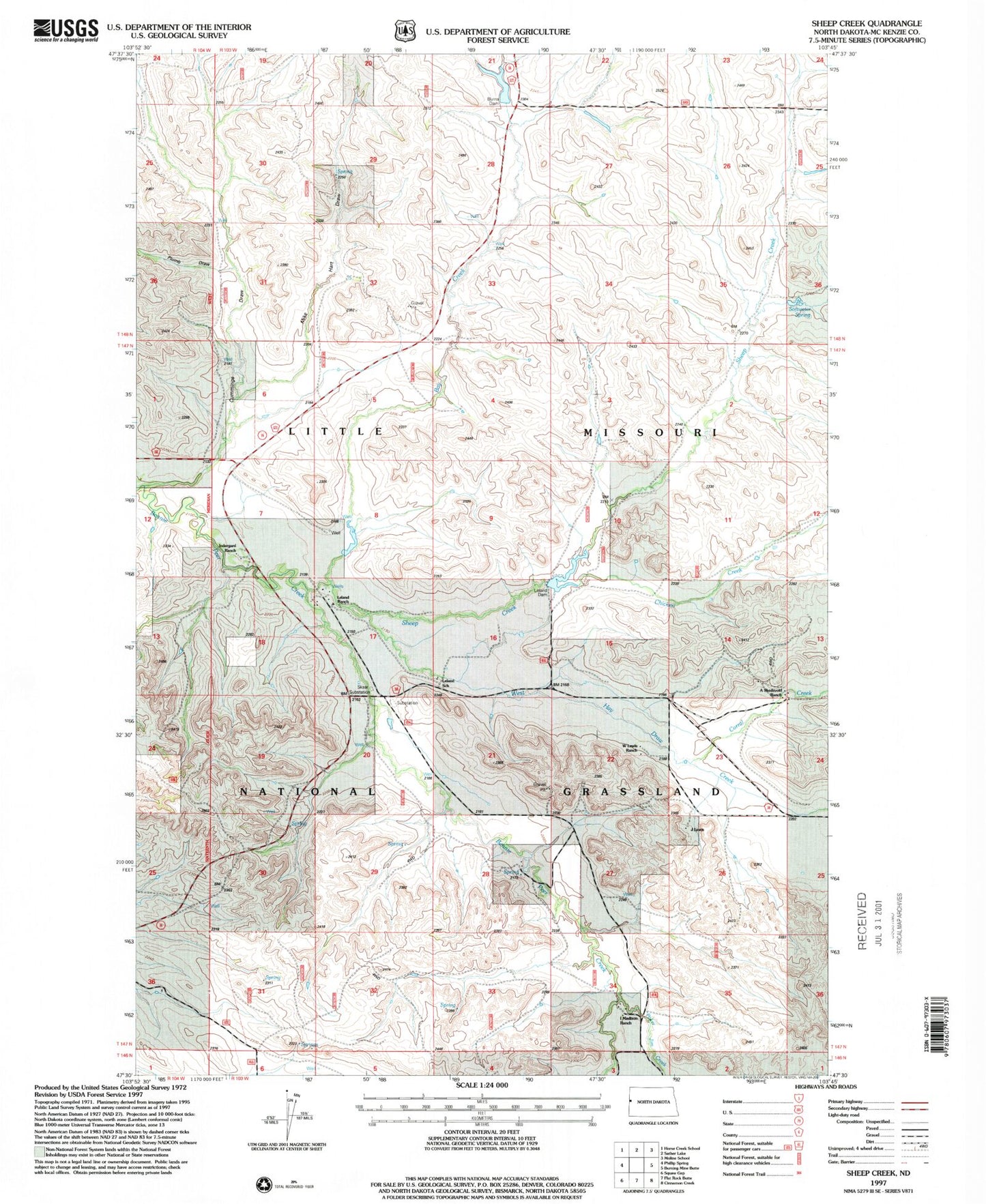 Classic USGS Sheep Creek North Dakota 7.5'x7.5' Topo Map Image