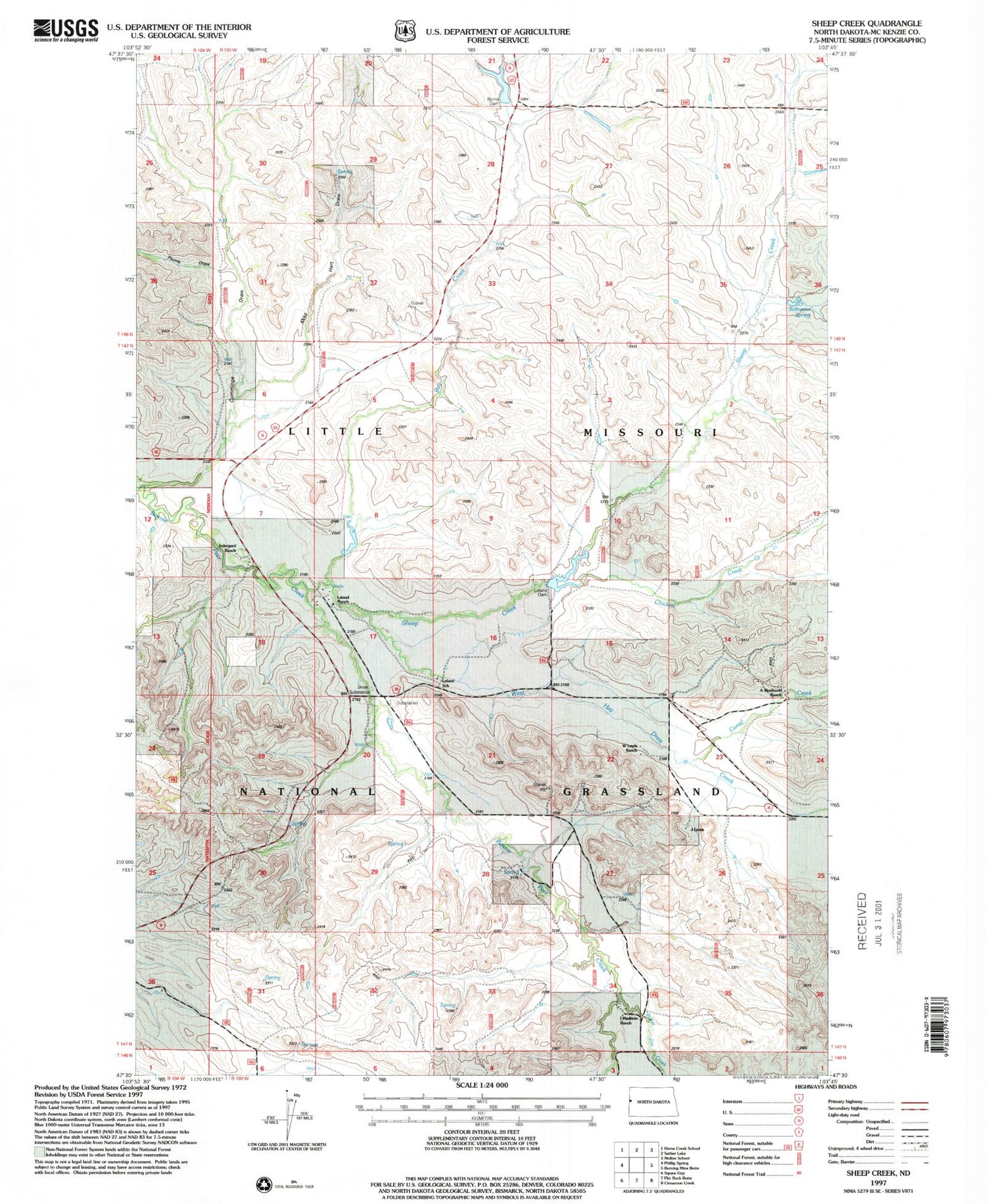 Classic USGS Sheep Creek North Dakota 7.5'x7.5' Topo Map Image