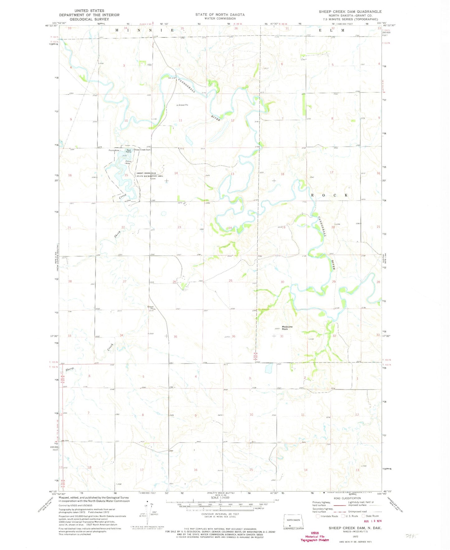 Classic USGS Sheep Creek Dam North Dakota 7.5'x7.5' Topo Map Image