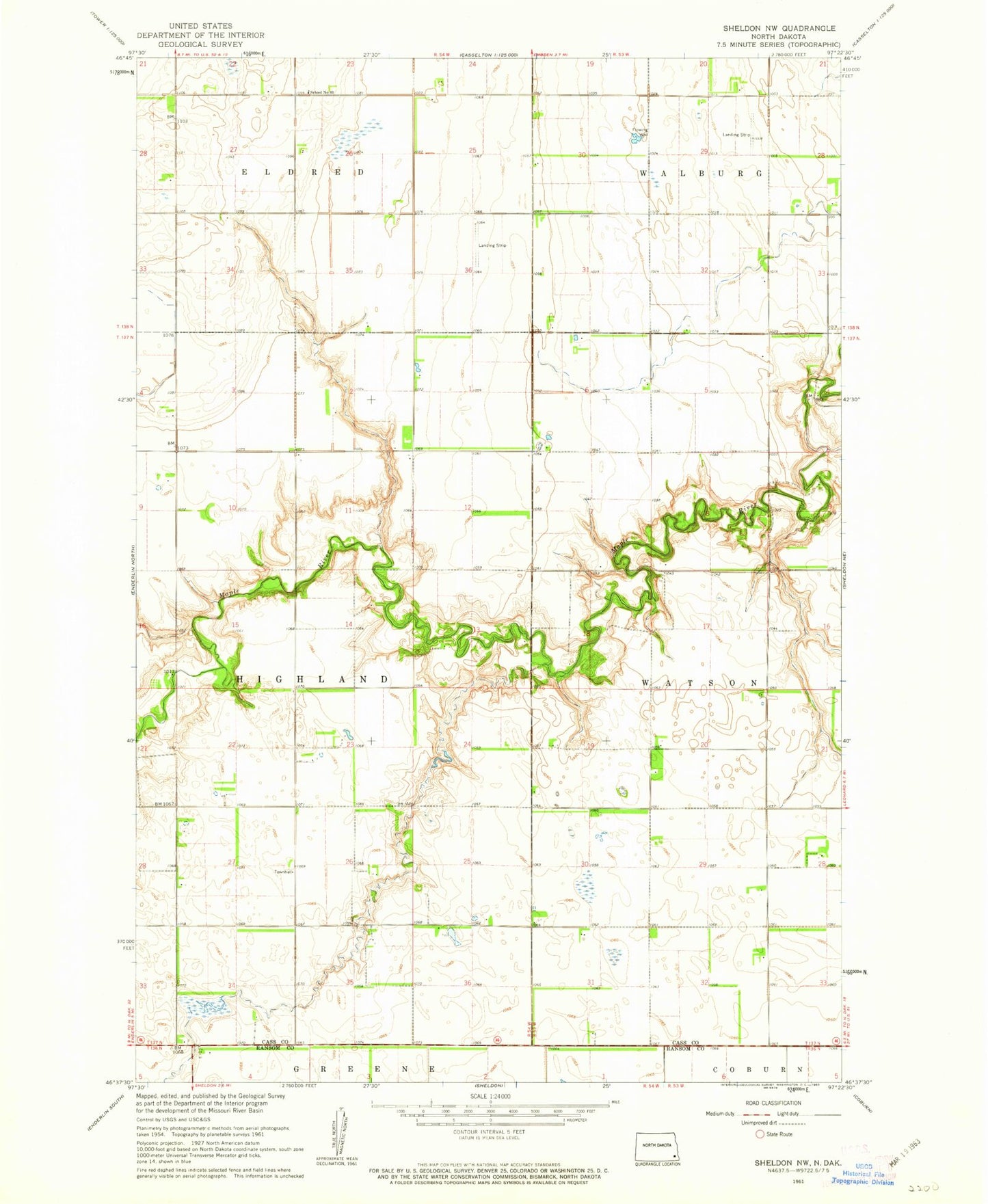 Classic USGS Sheldon NW North Dakota 7.5'x7.5' Topo Map Image