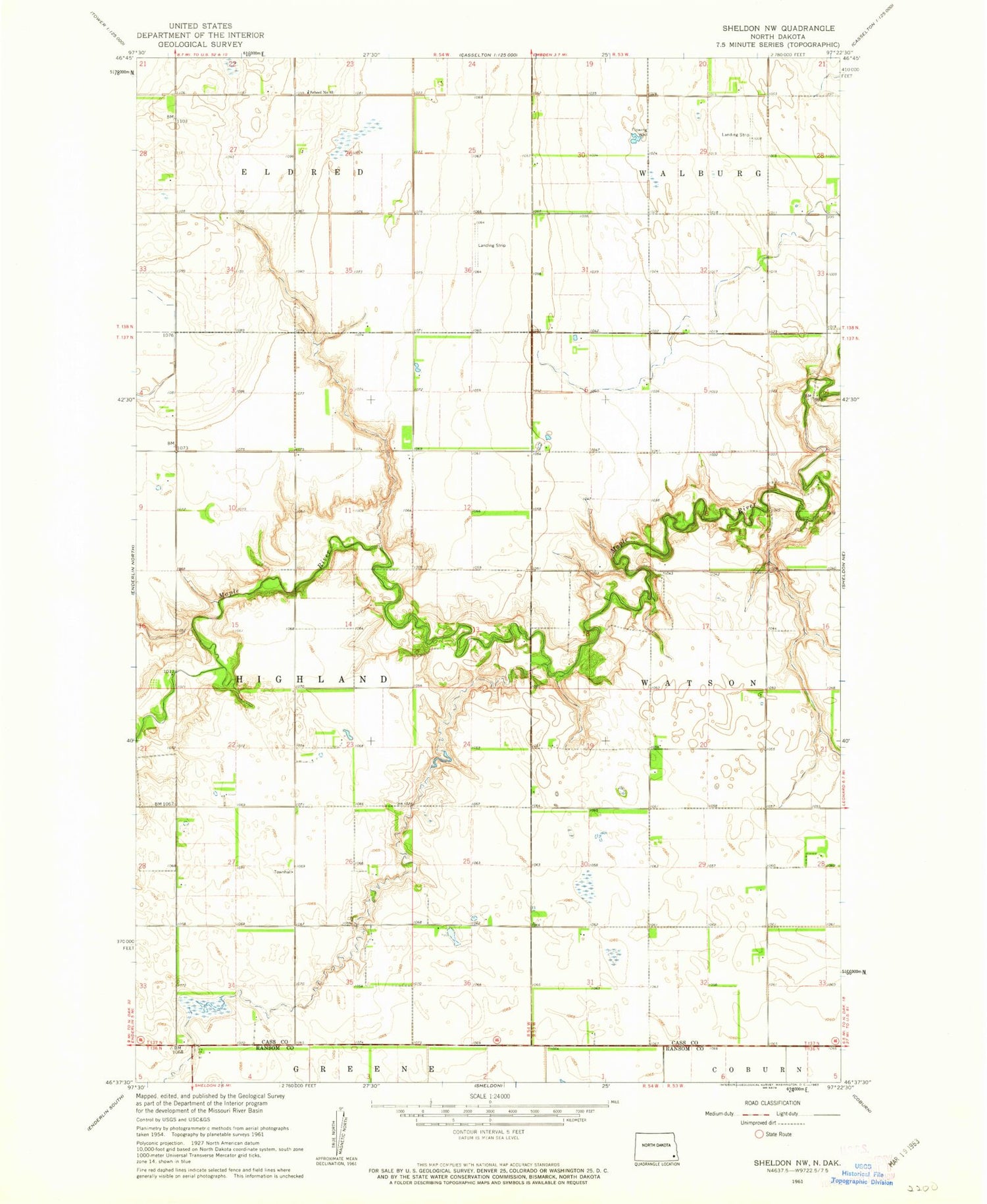 Classic USGS Sheldon NW North Dakota 7.5'x7.5' Topo Map Image