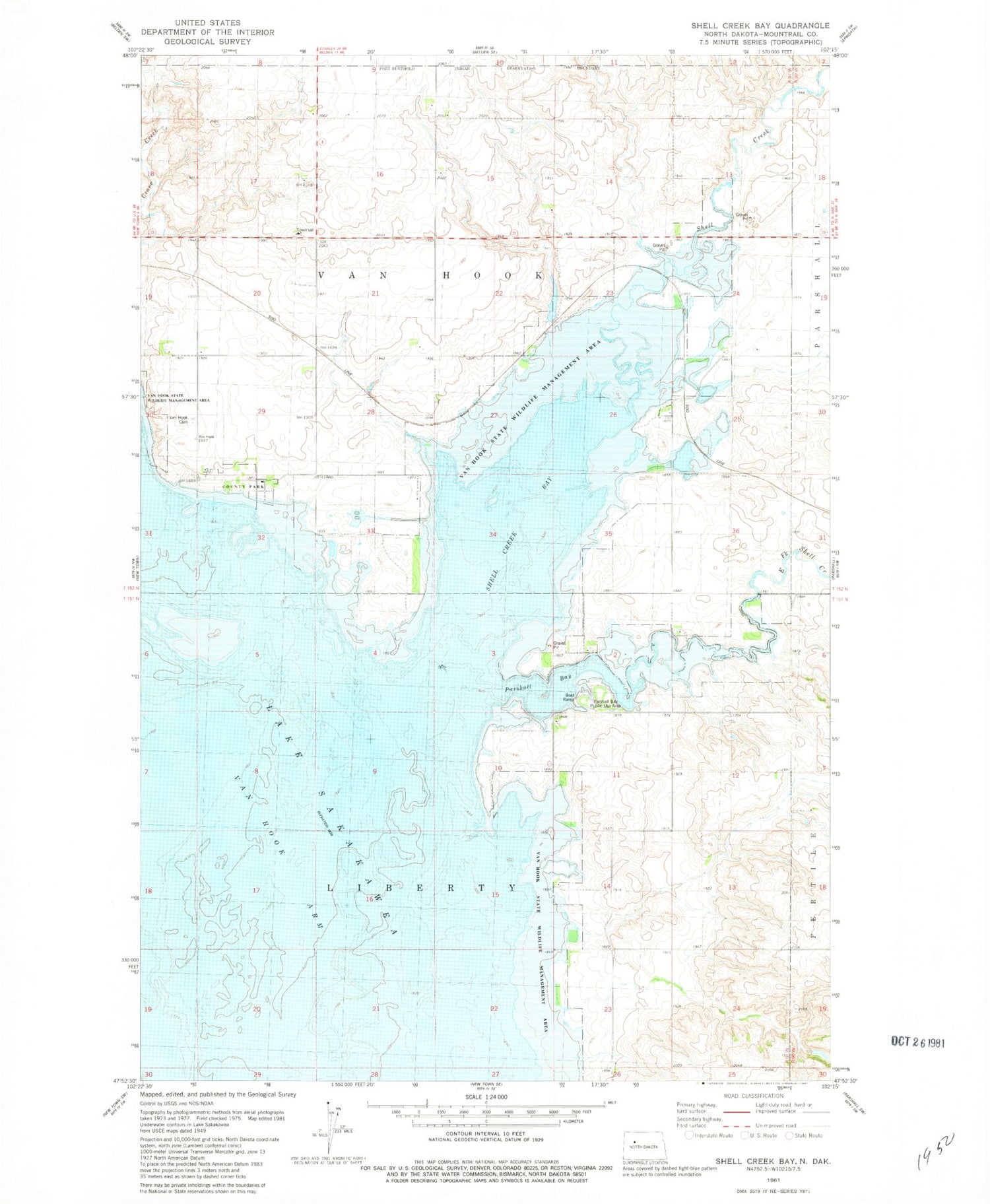 Classic USGS Shell Creek Bay North Dakota 7.5'x7.5' Topo Map Image