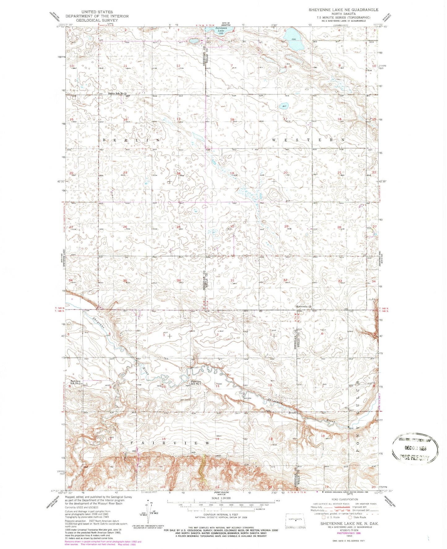 Classic USGS Sheyenne Lake NE North Dakota 7.5'x7.5' Topo Map Image