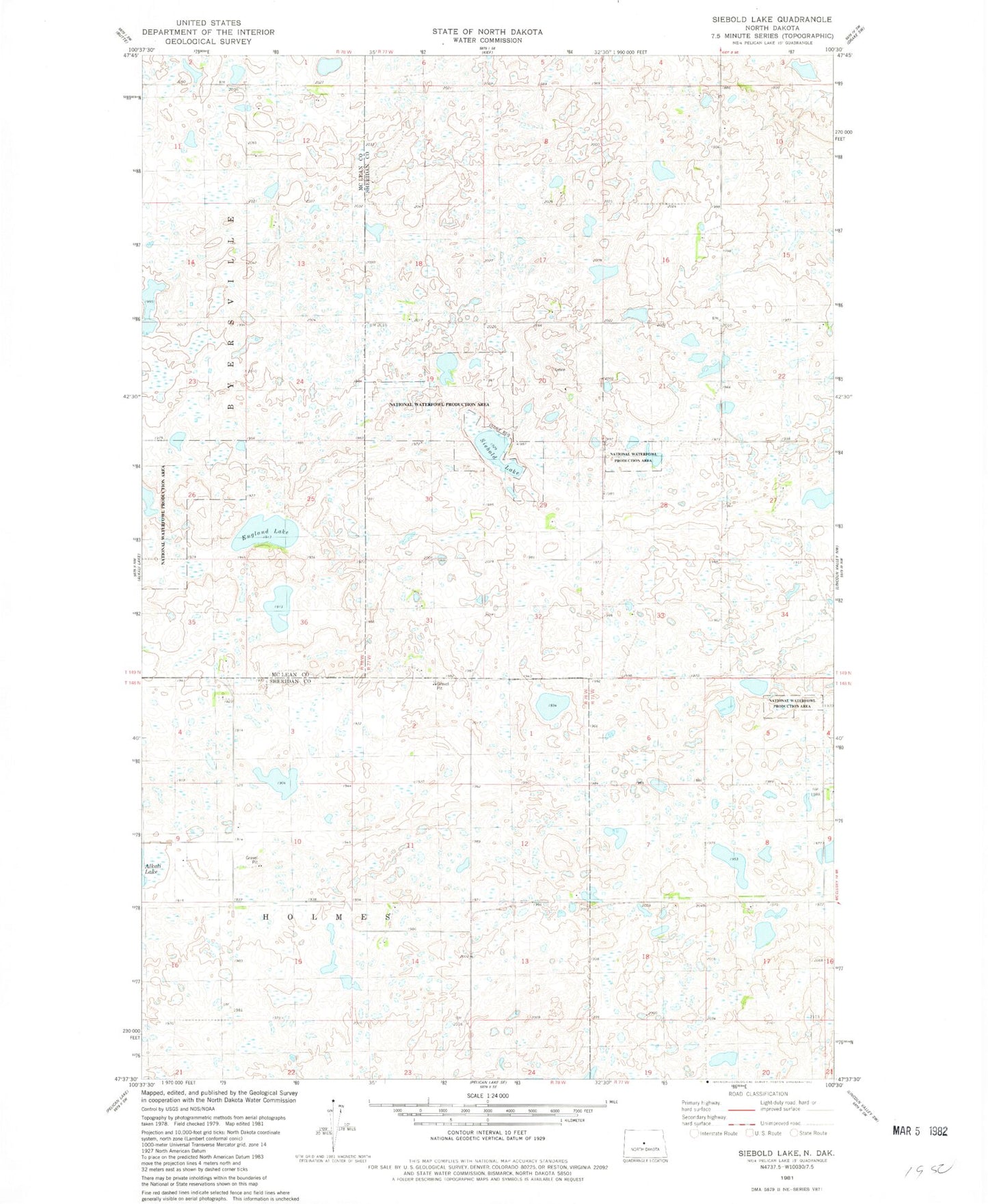 Classic USGS Siebold Lake North Dakota 7.5'x7.5' Topo Map Image