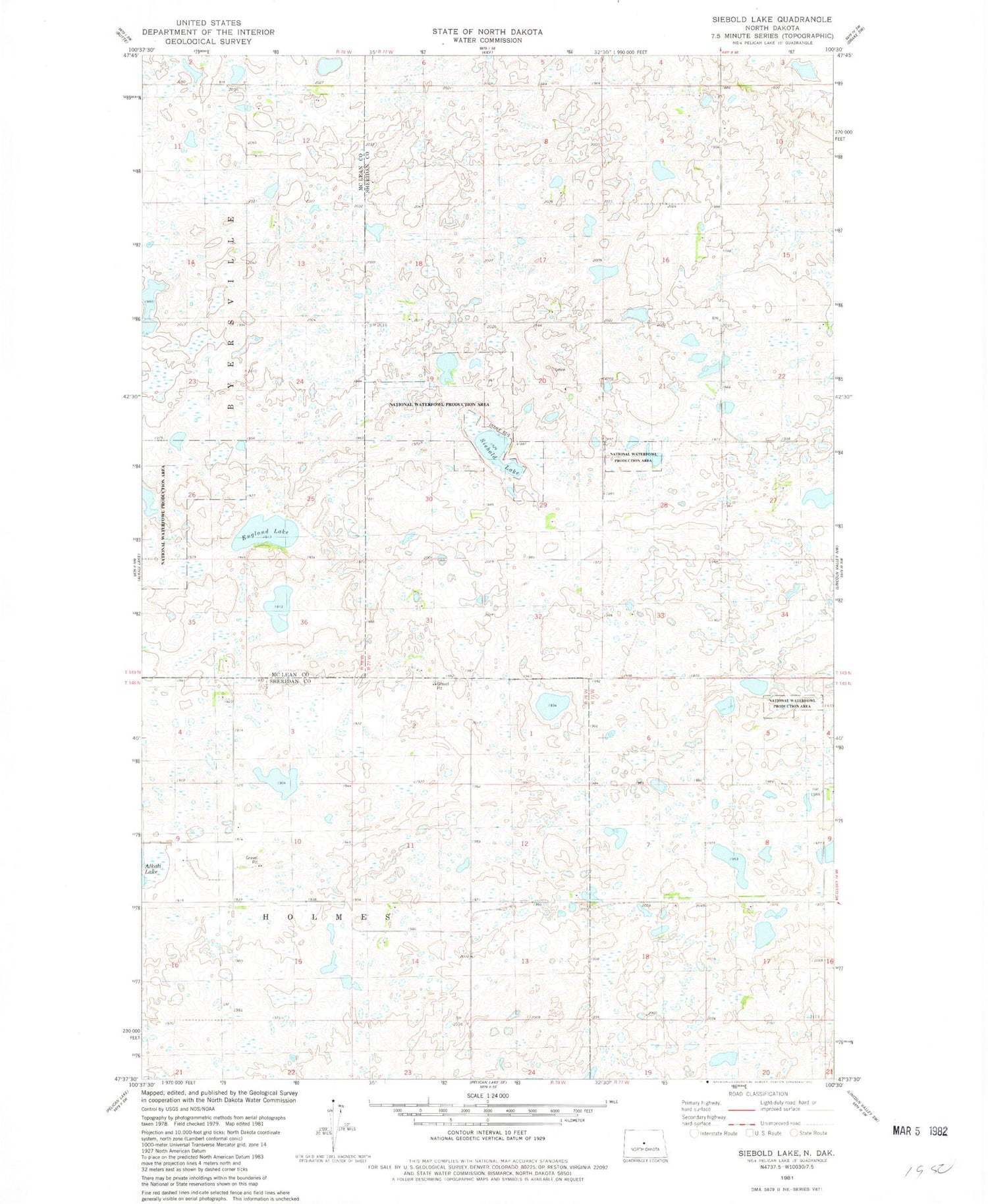 Classic USGS Siebold Lake North Dakota 7.5'x7.5' Topo Map Image