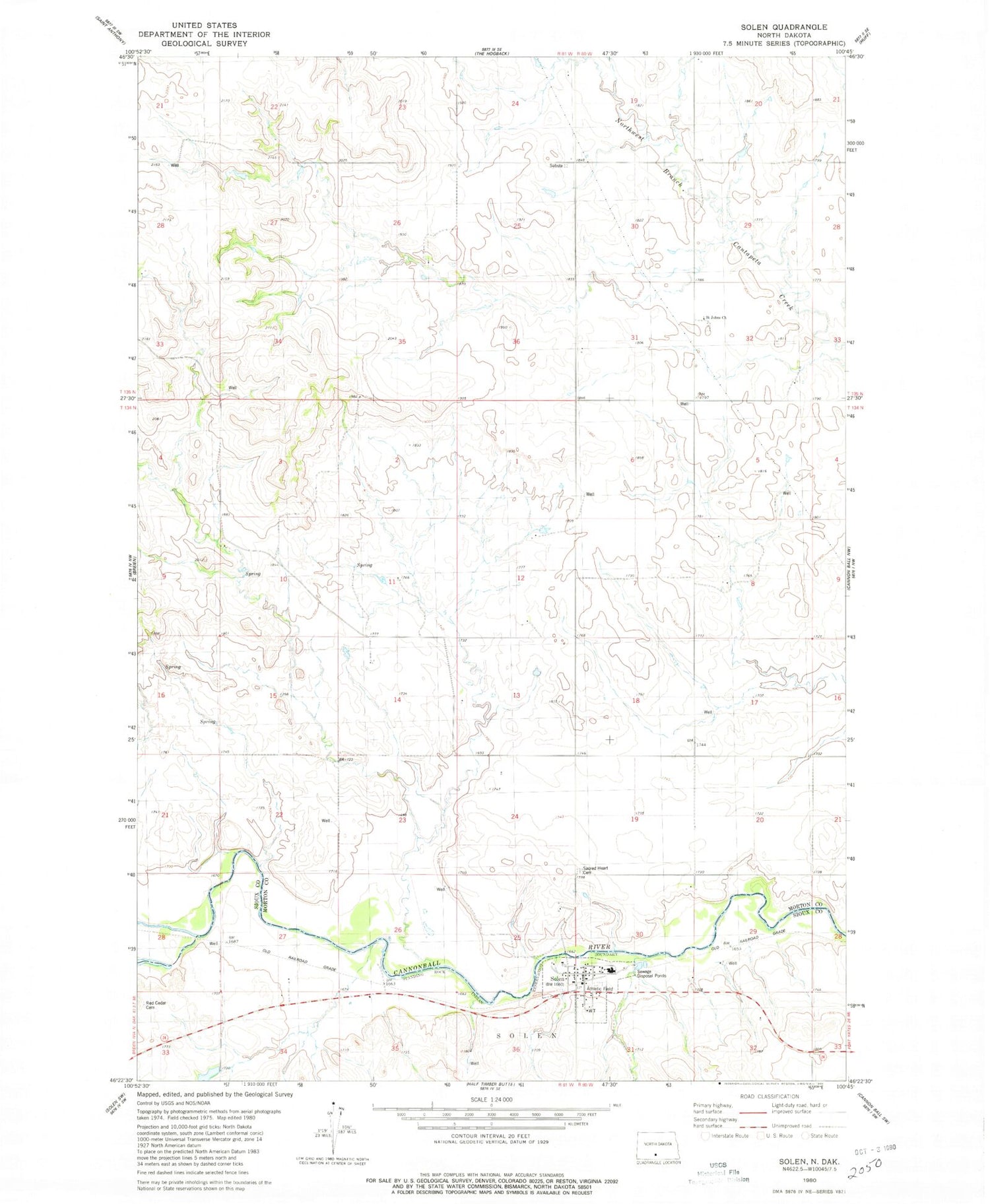 Classic USGS Solen North Dakota 7.5'x7.5' Topo Map Image