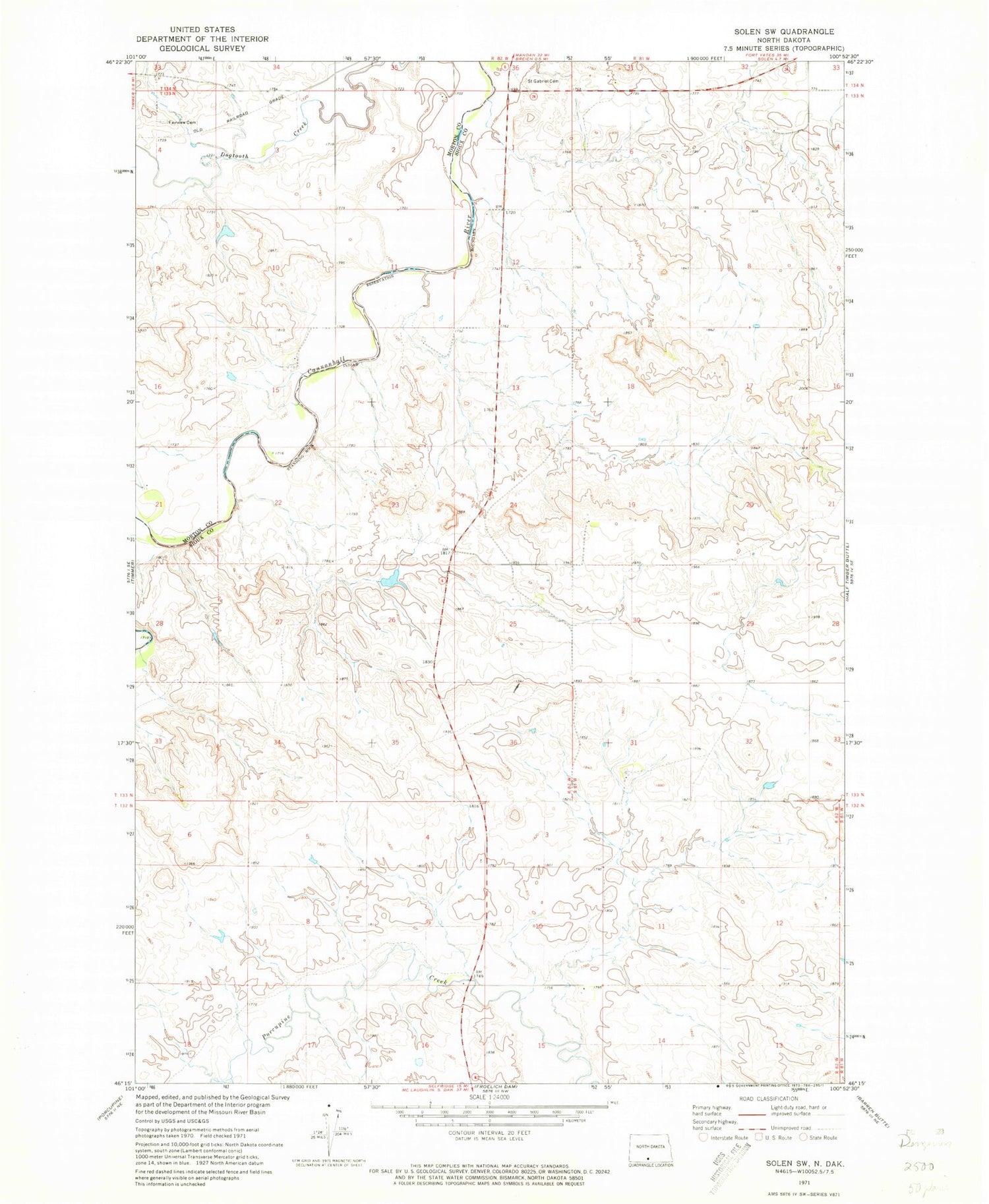 Classic USGS Solen SW North Dakota 7.5'x7.5' Topo Map Image