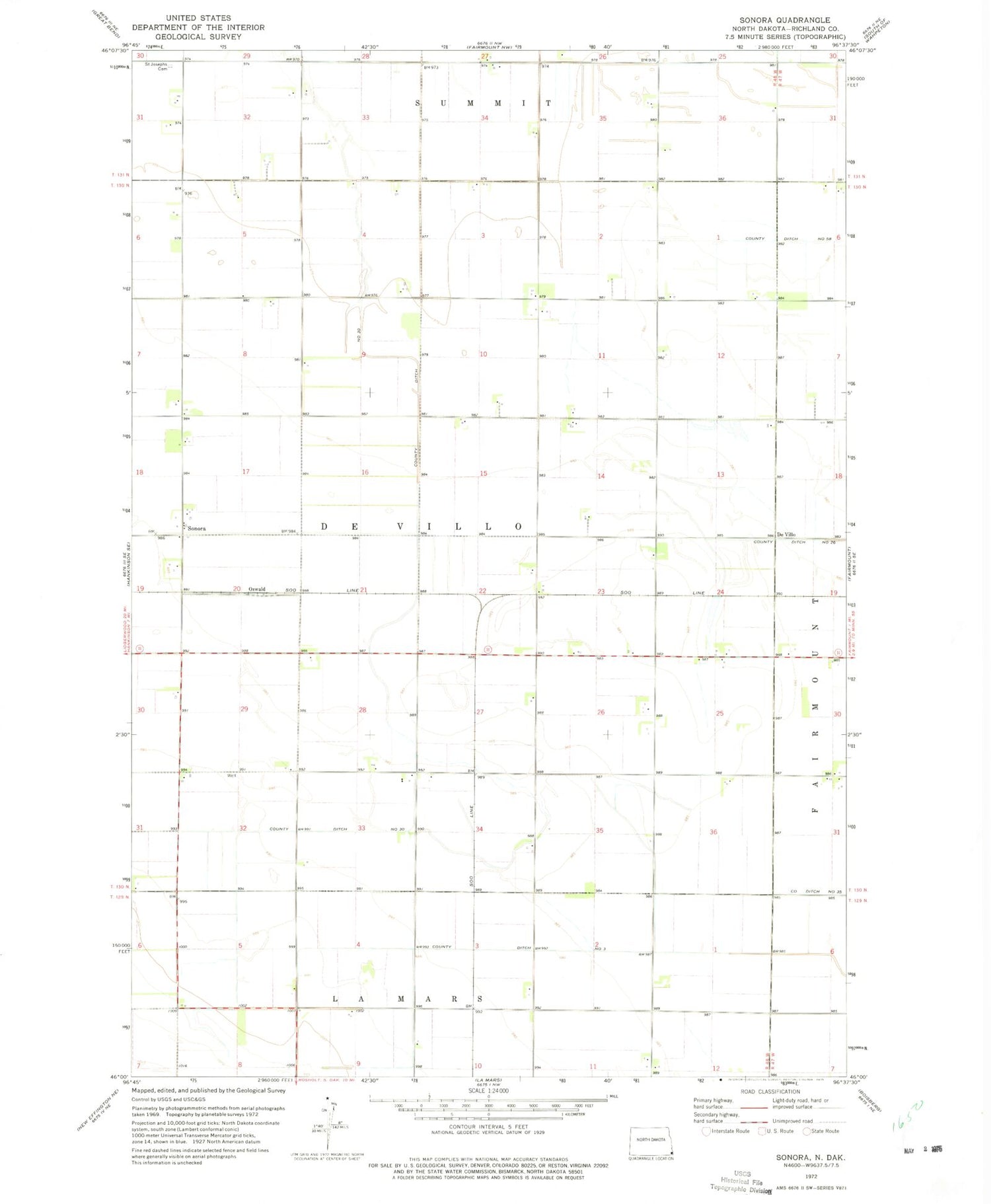 Classic USGS Sonora North Dakota 7.5'x7.5' Topo Map Image