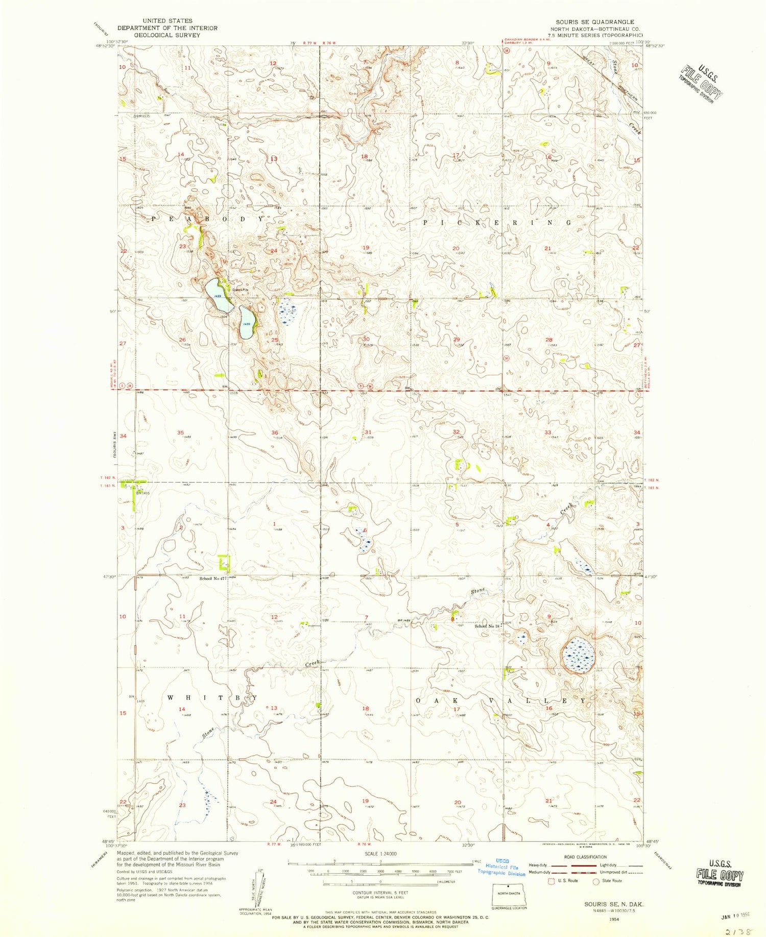 Classic USGS Souris SE North Dakota 7.5'x7.5' Topo Map Image