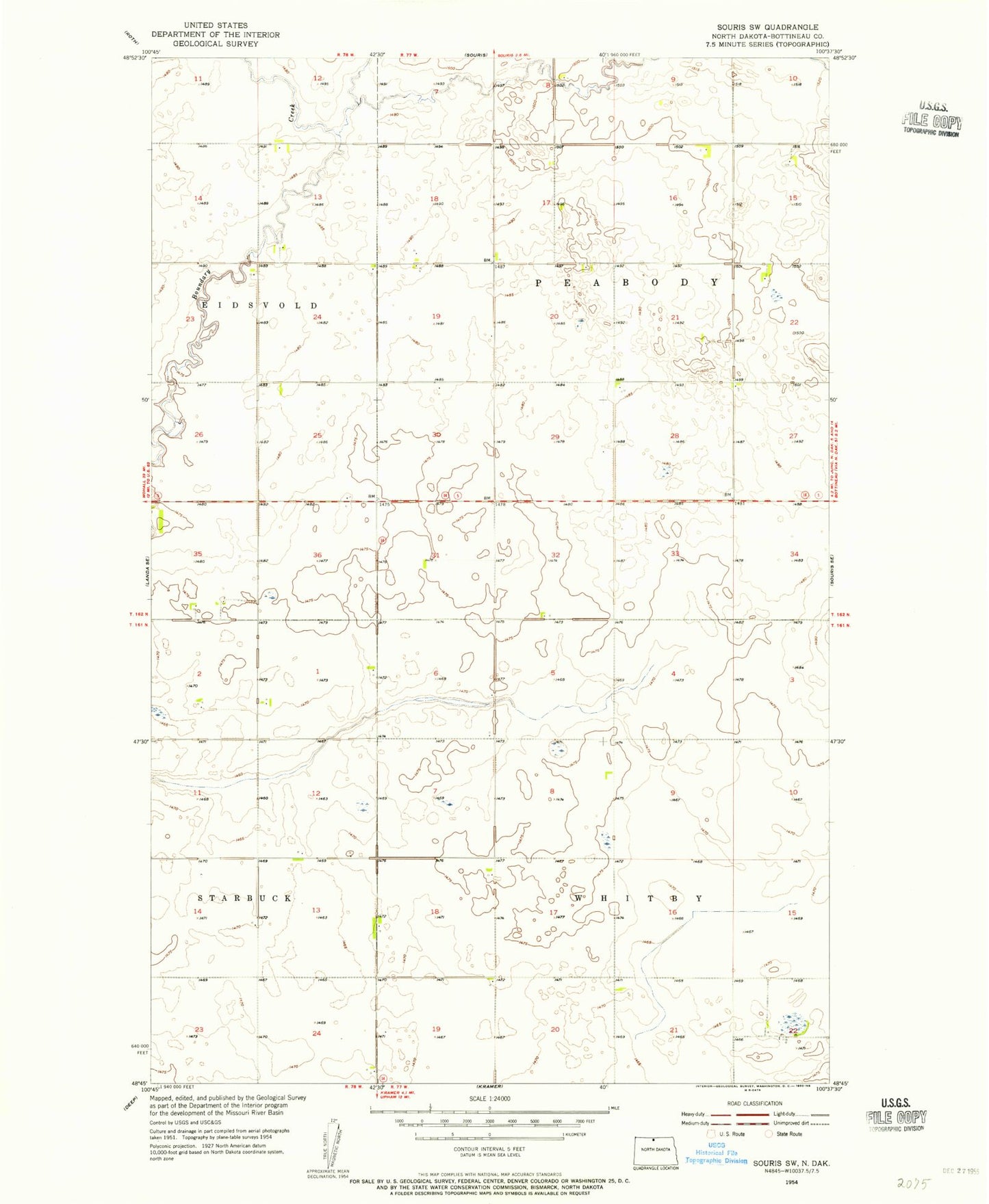 Classic USGS Souris SW North Dakota 7.5'x7.5' Topo Map Image