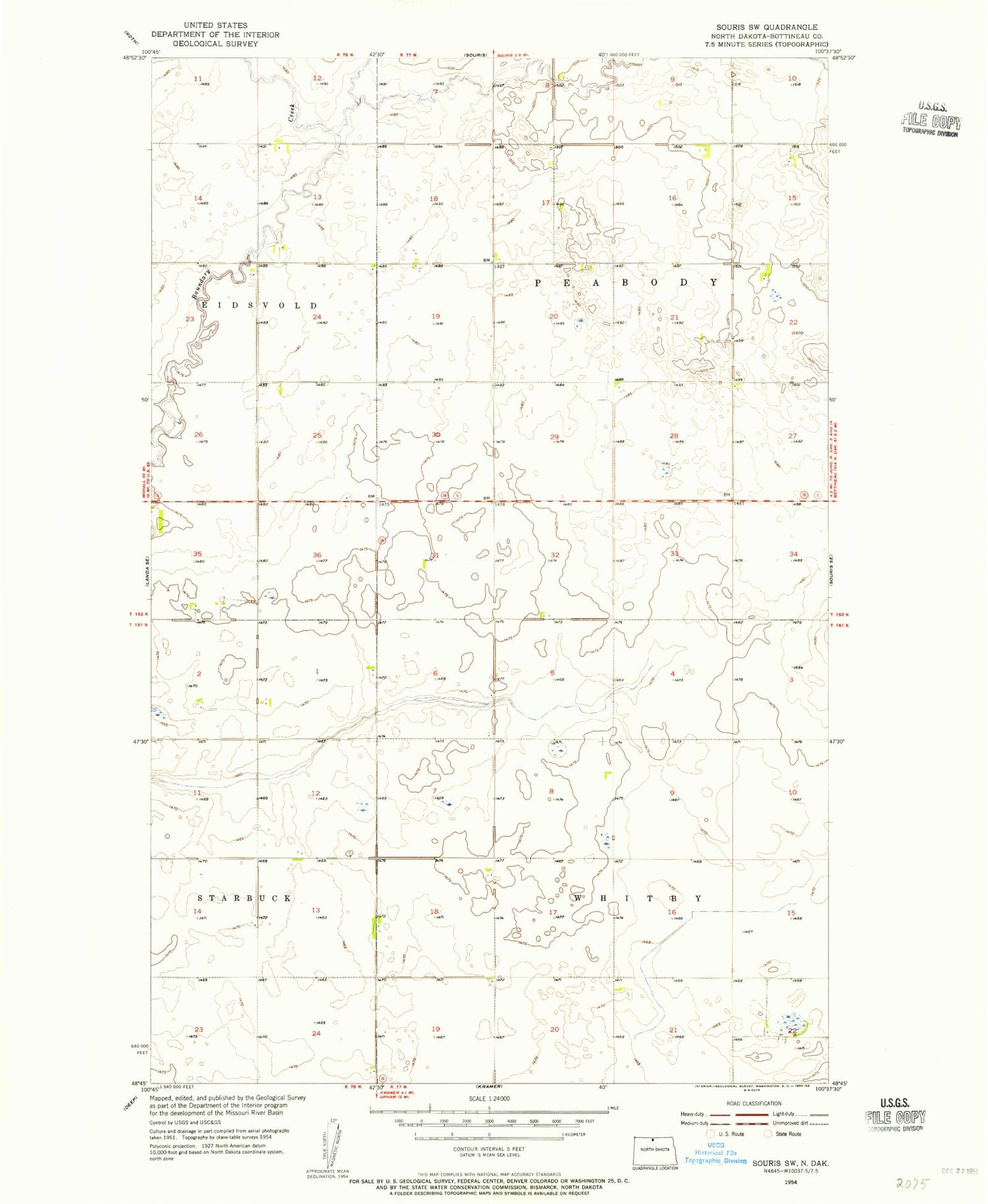 Classic USGS Souris SW North Dakota 7.5'x7.5' Topo Map Image