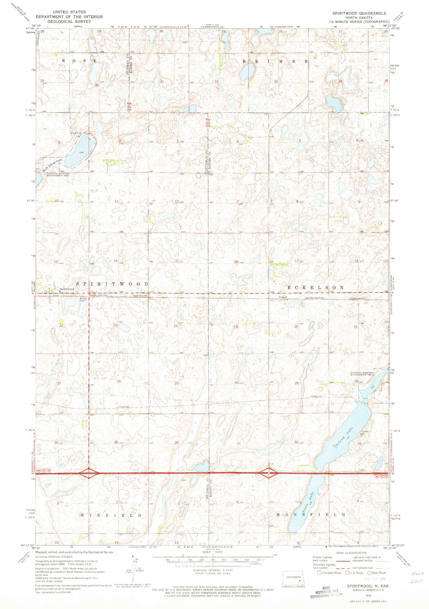 Classic USGS Spiritwood North Dakota 7.5'x7.5' Topo Map Image