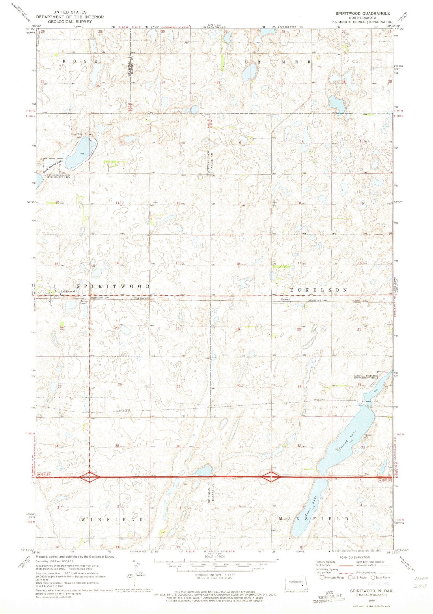 Classic USGS Spiritwood North Dakota 7.5'x7.5' Topo Map Image