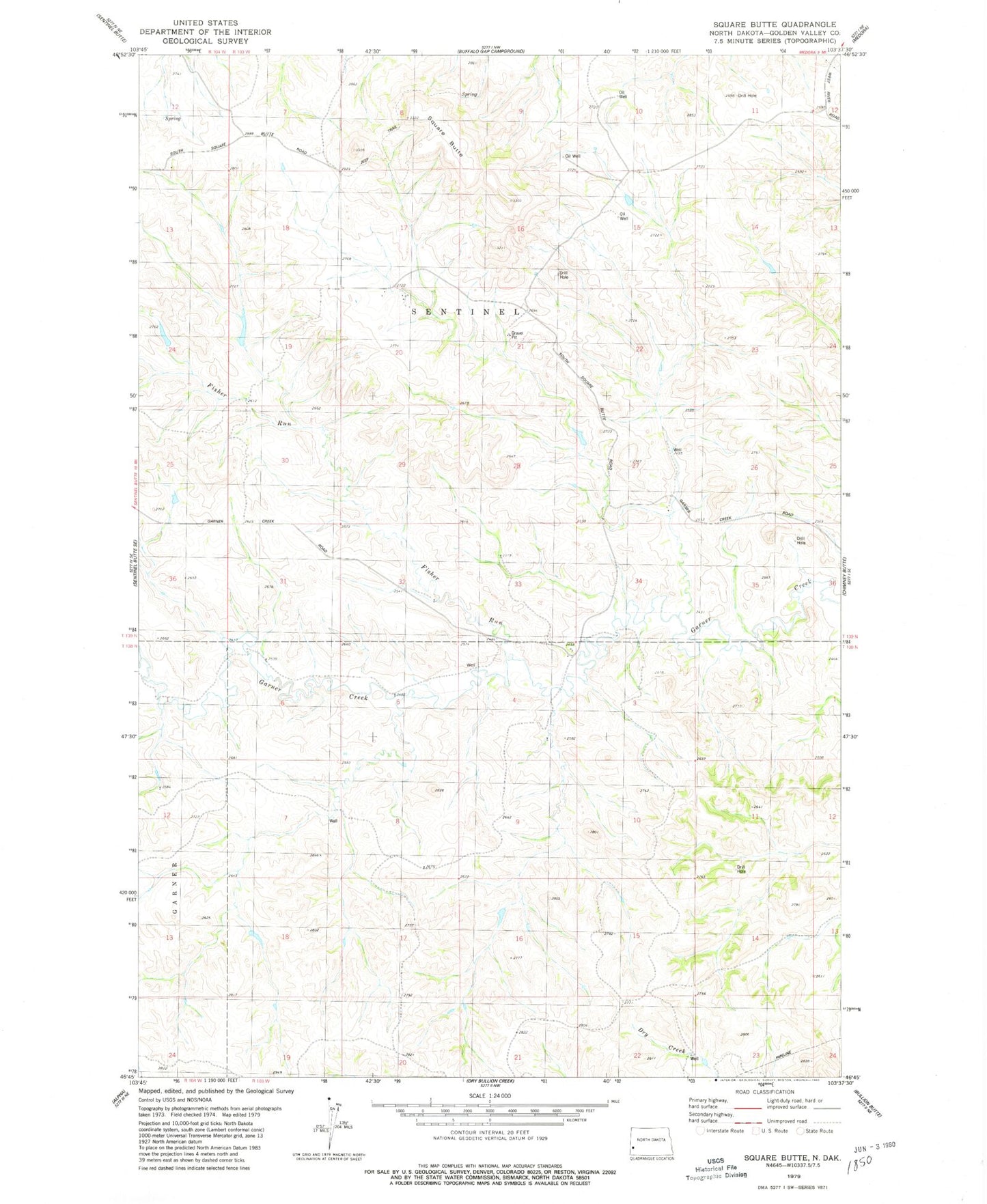 Classic USGS Square Butte North Dakota 7.5'x7.5' Topo Map Image