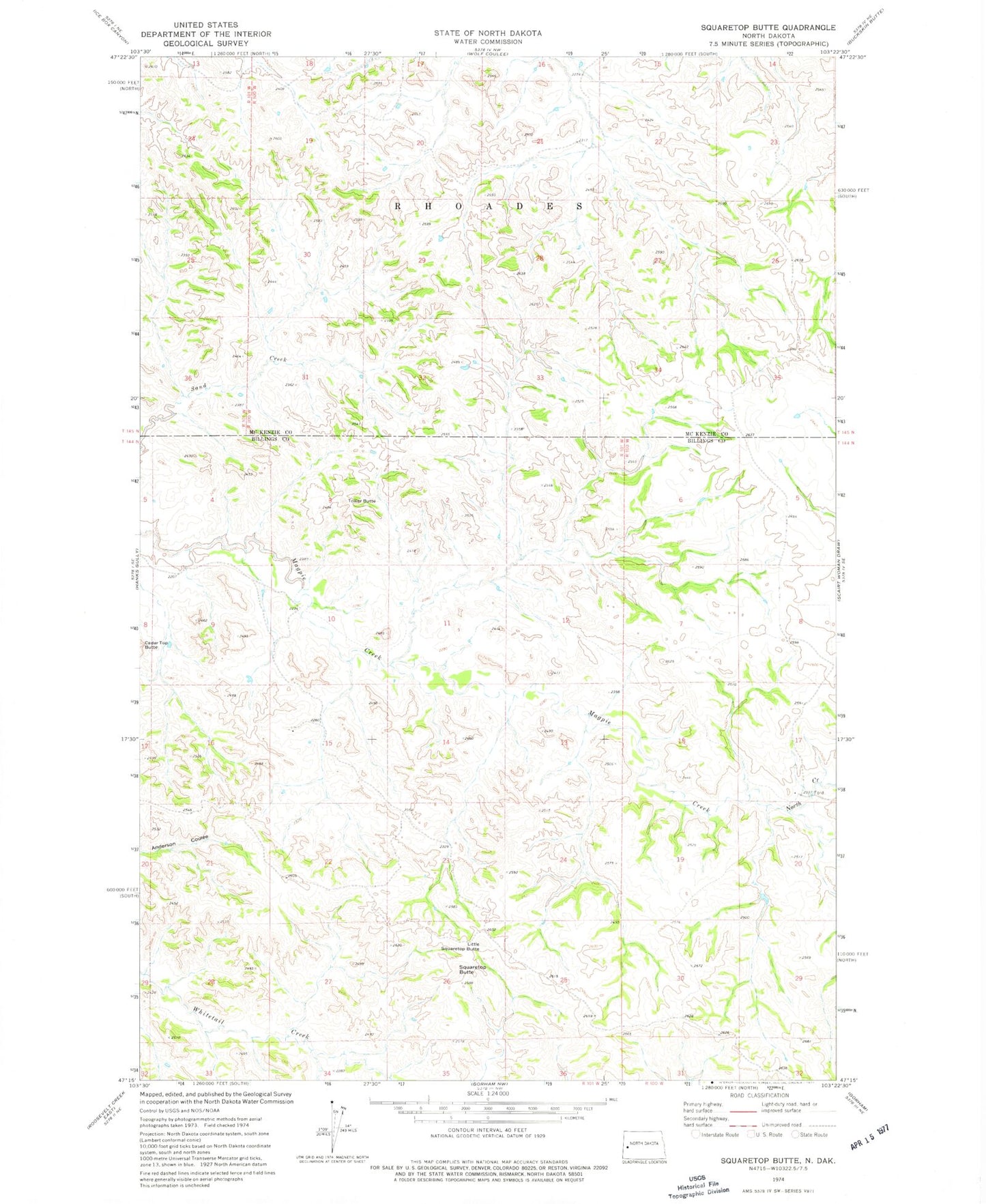 Classic USGS Squaretop Butte North Dakota 7.5'x7.5' Topo Map Image