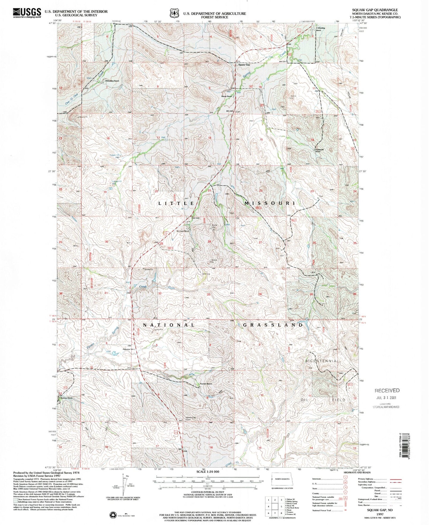Classic USGS Squaw Gap North Dakota 7.5'x7.5' Topo Map Image