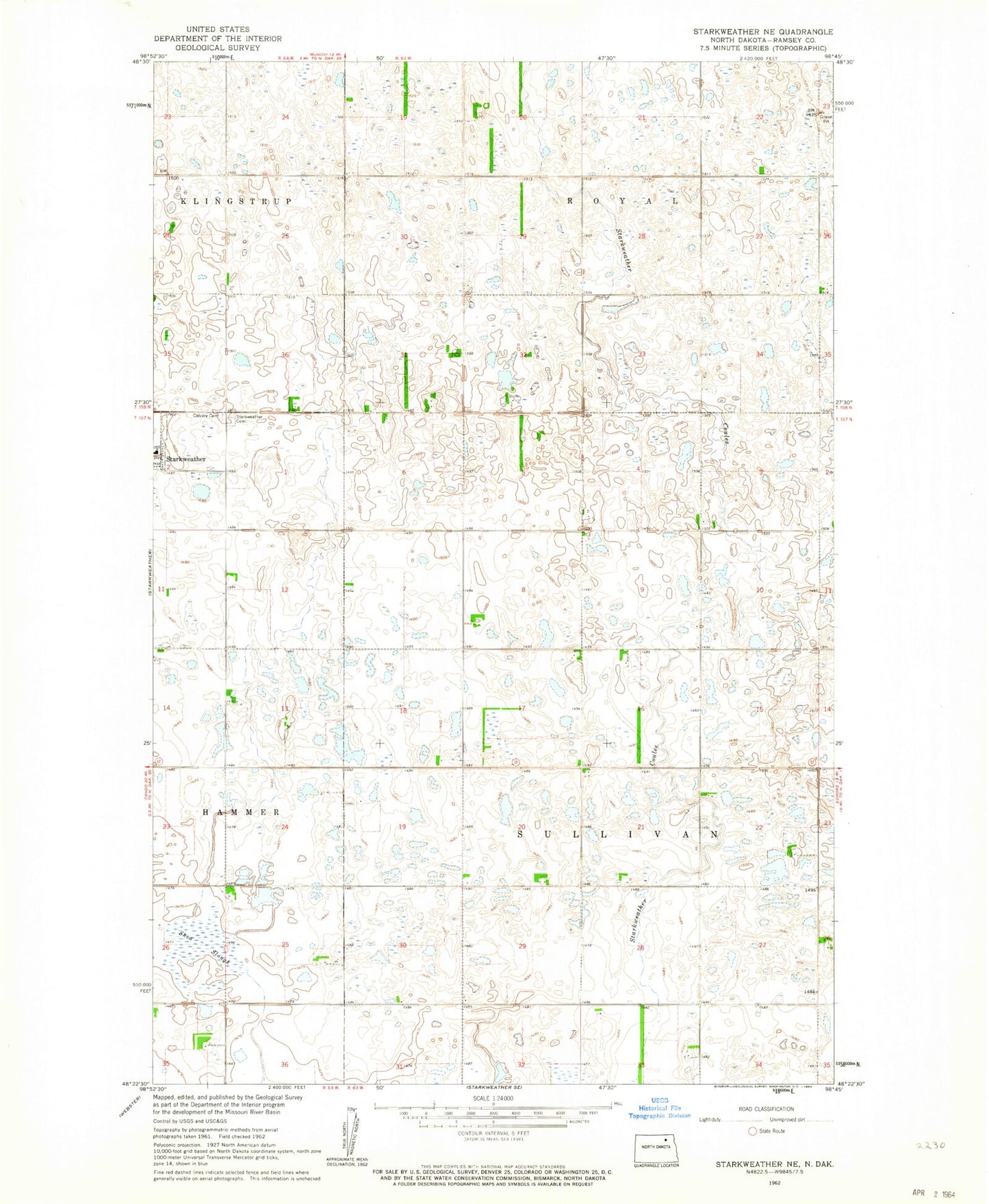 Classic USGS Starkweather NE North Dakota 7.5'x7.5' Topo Map Image
