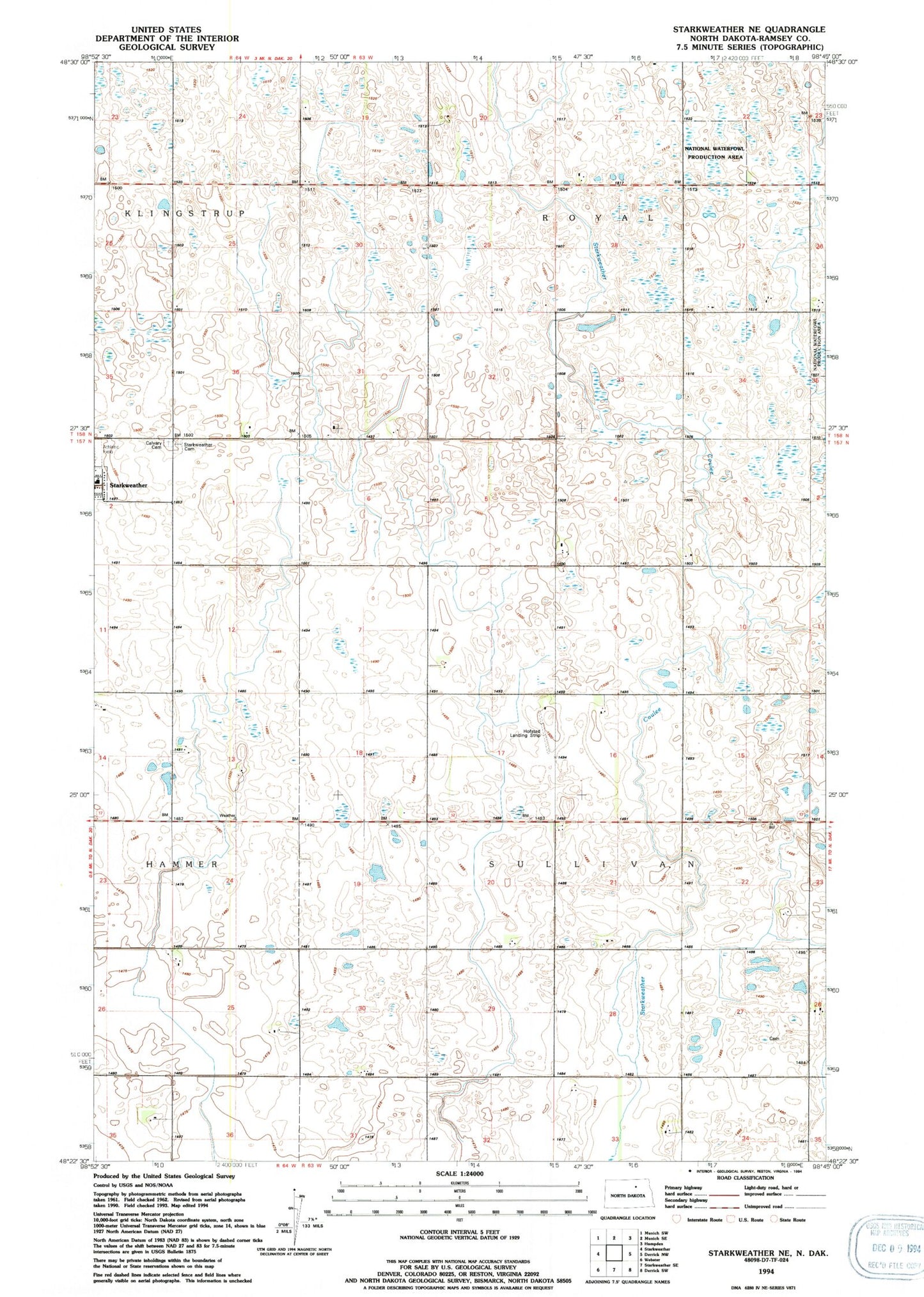 Classic USGS Starkweather NE North Dakota 7.5'x7.5' Topo Map Image