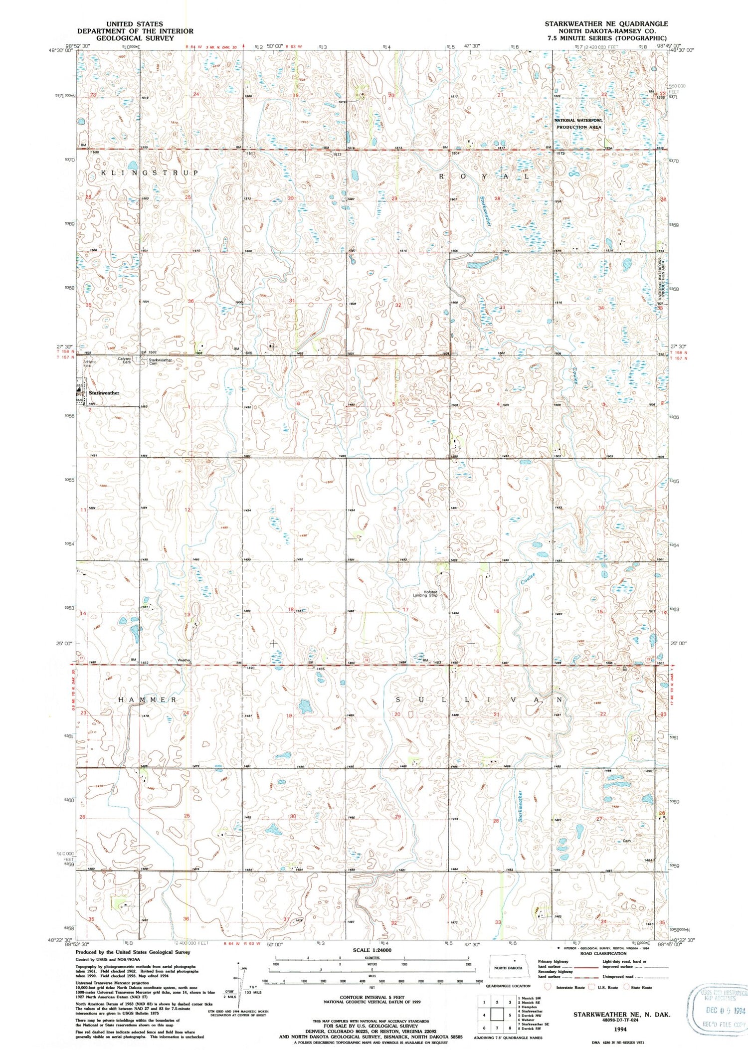 Classic USGS Starkweather NE North Dakota 7.5'x7.5' Topo Map Image