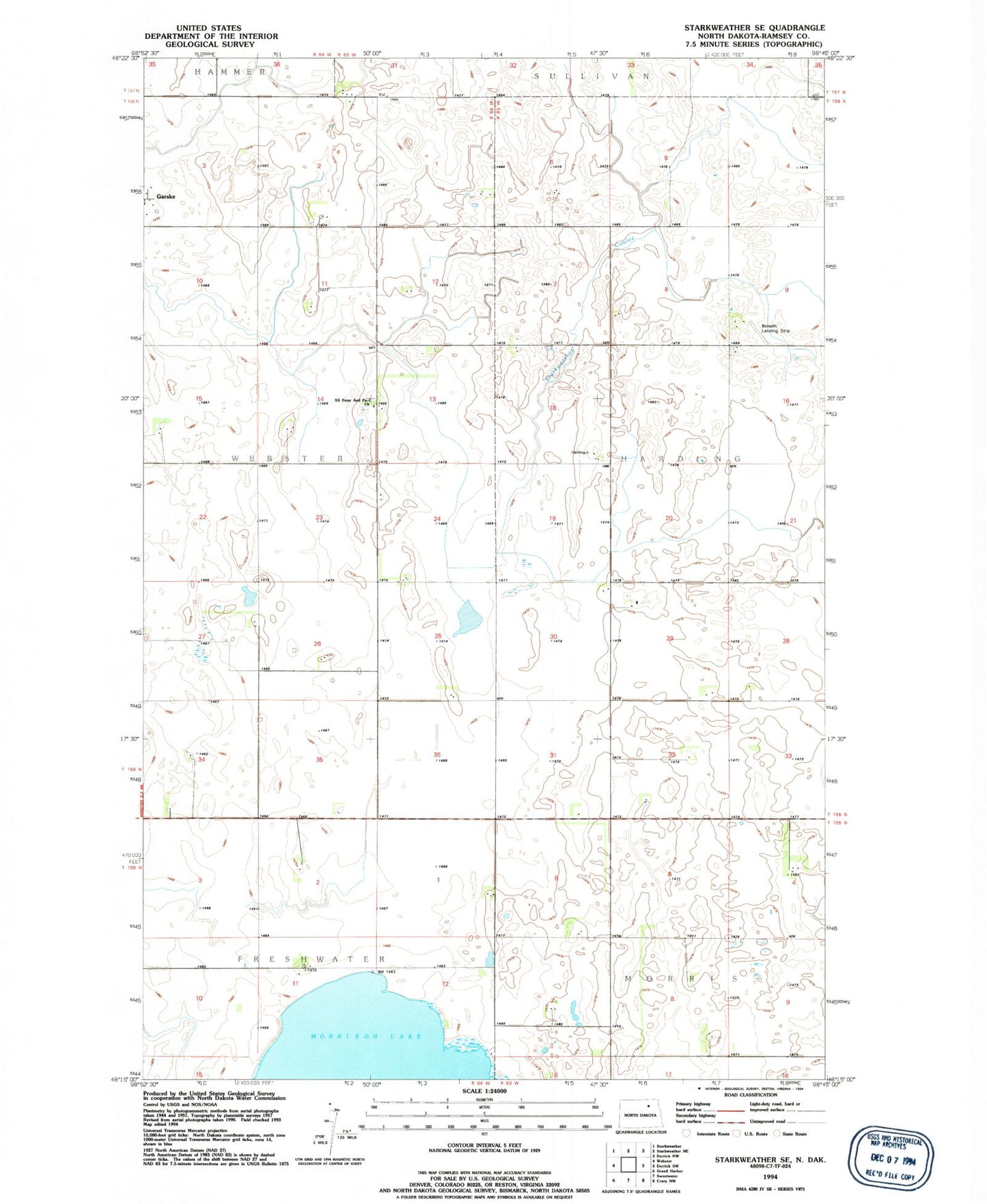 Classic USGS Starkweather SE North Dakota 7.5'x7.5' Topo Map Image