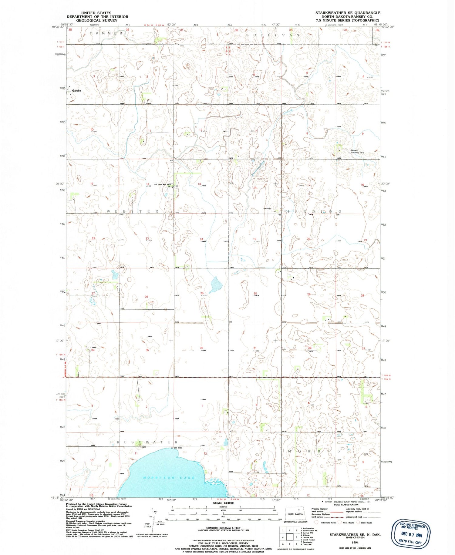 Classic USGS Starkweather SE North Dakota 7.5'x7.5' Topo Map Image