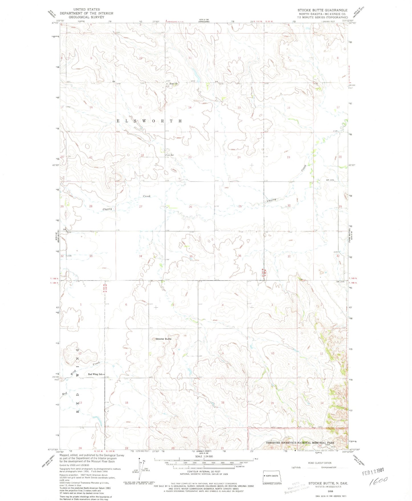 Classic USGS Stocke Butte North Dakota 7.5'x7.5' Topo Map Image