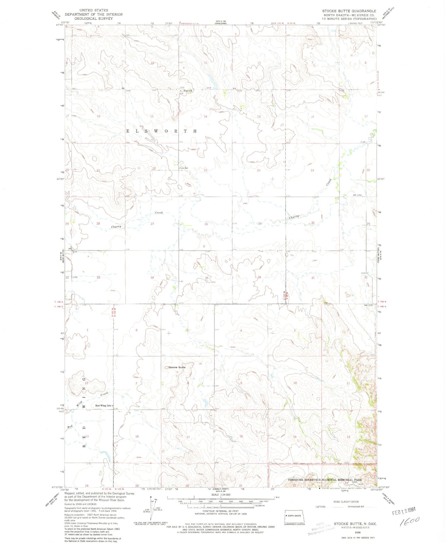 Classic USGS Stocke Butte North Dakota 7.5'x7.5' Topo Map Image