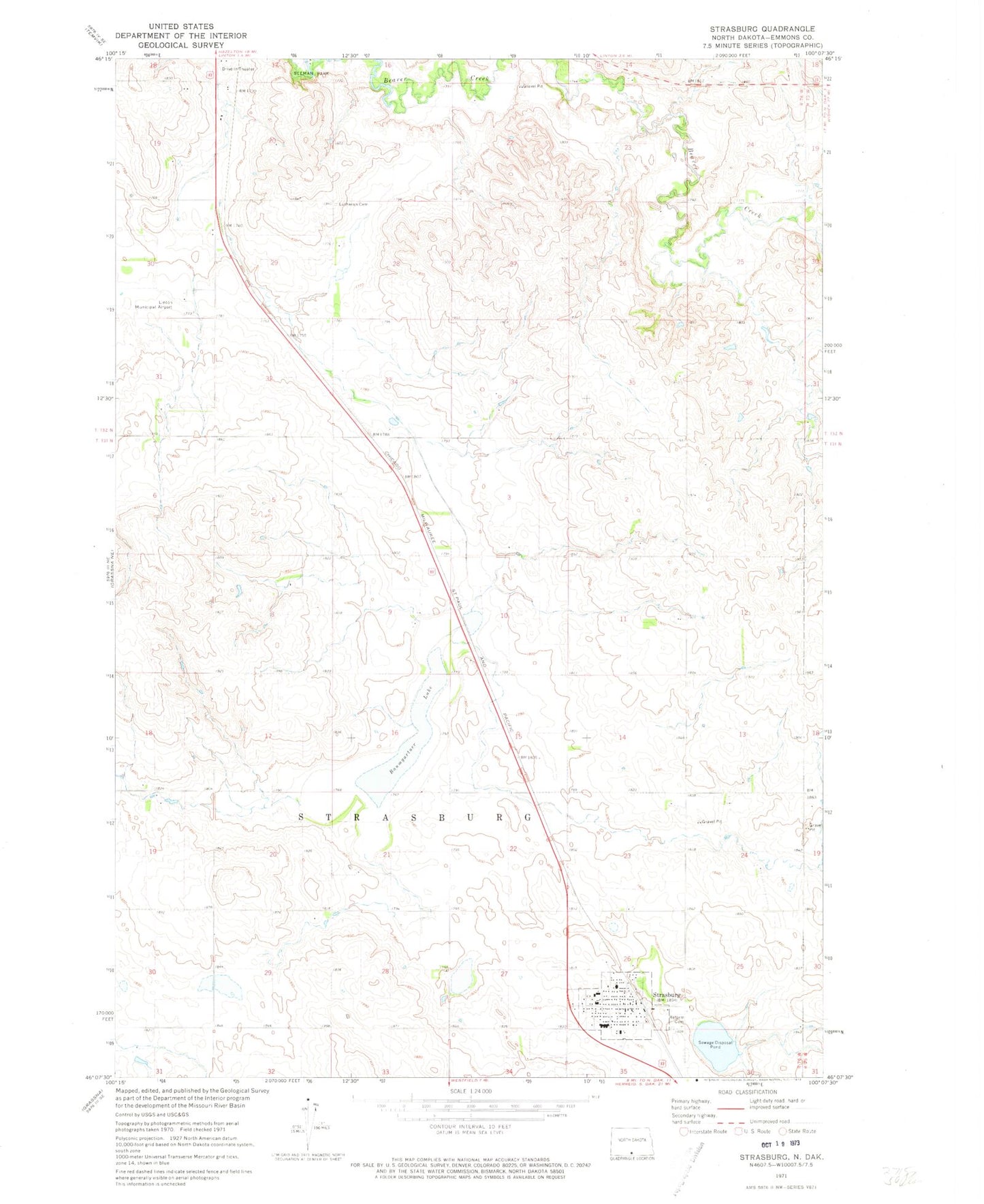 Classic USGS Strasburg North Dakota 7.5'x7.5' Topo Map Image