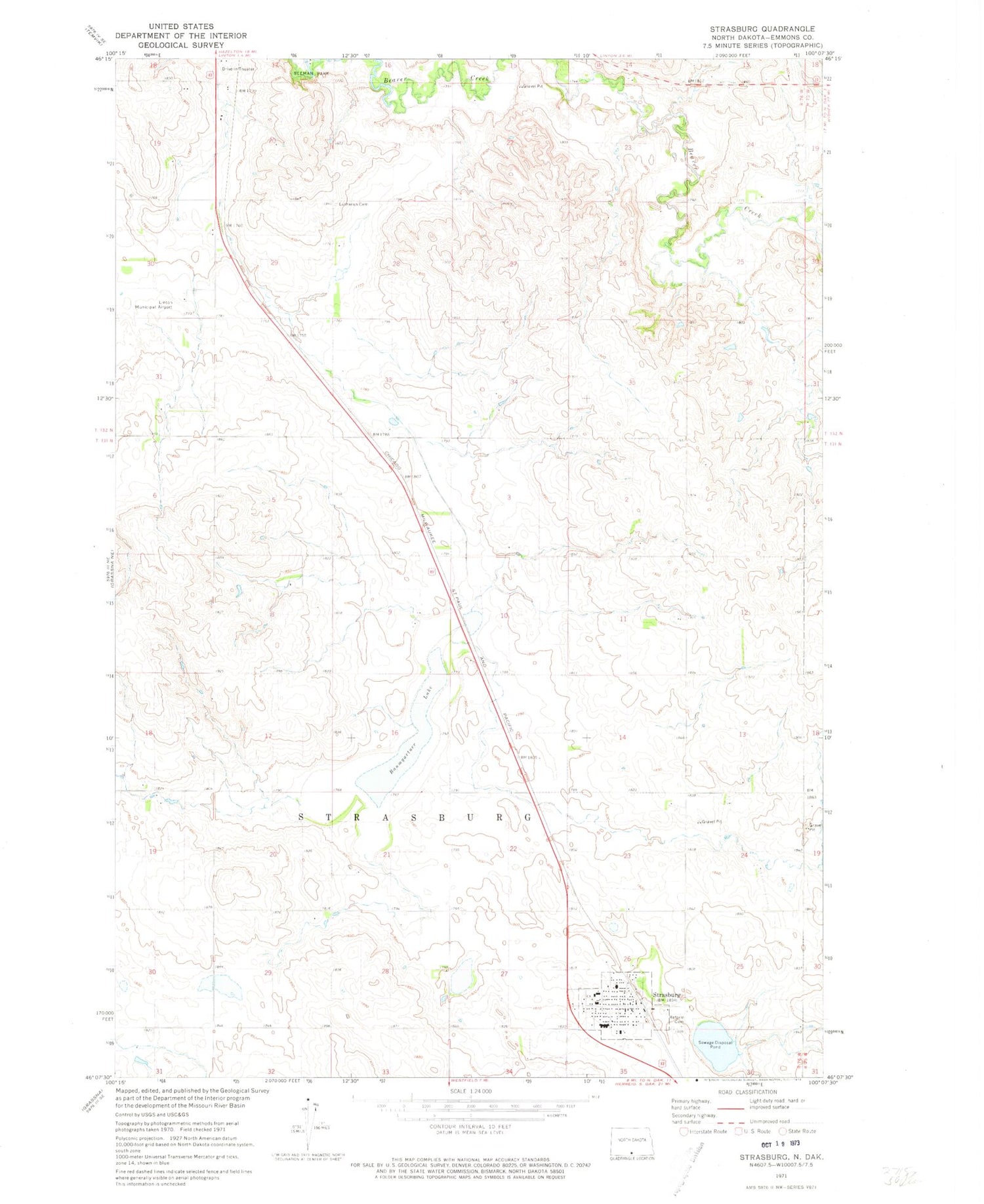 Classic USGS Strasburg North Dakota 7.5'x7.5' Topo Map Image