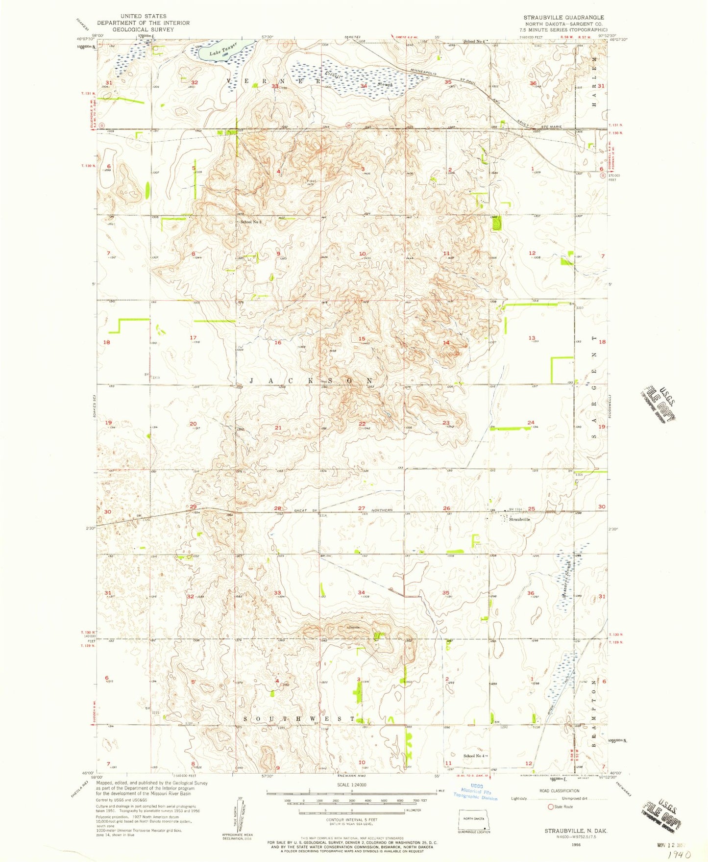 Classic USGS Straubville North Dakota 7.5'x7.5' Topo Map Image