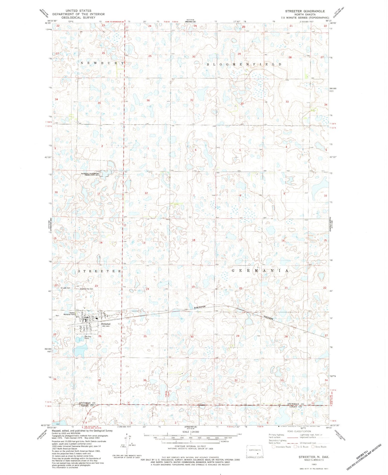 Classic USGS Streeter North Dakota 7.5'x7.5' Topo Map Image