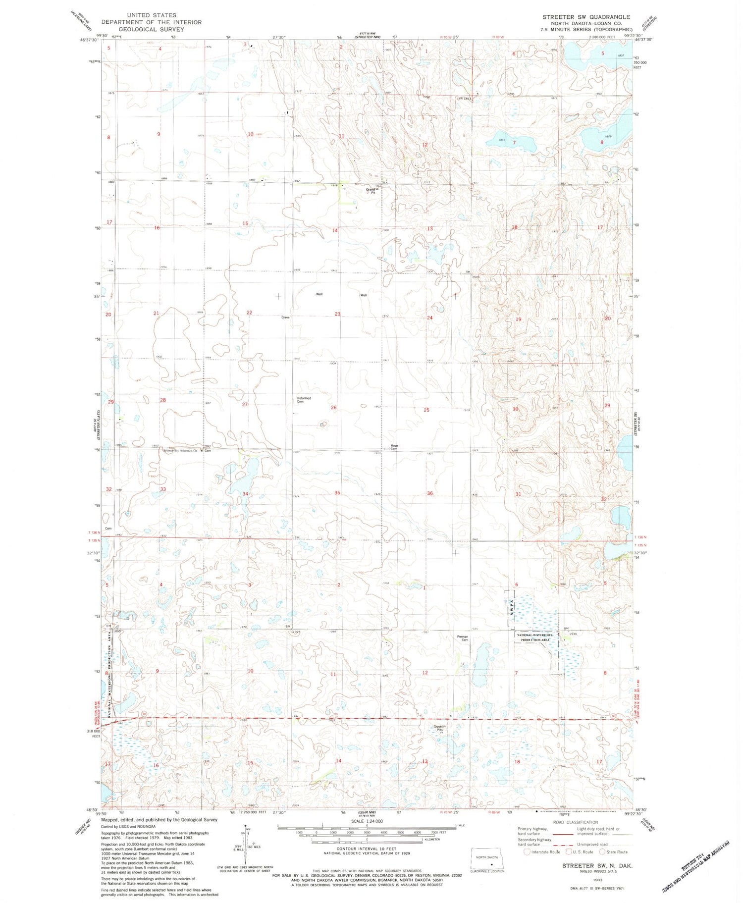Classic USGS Streeter SW North Dakota 7.5'x7.5' Topo Map Image