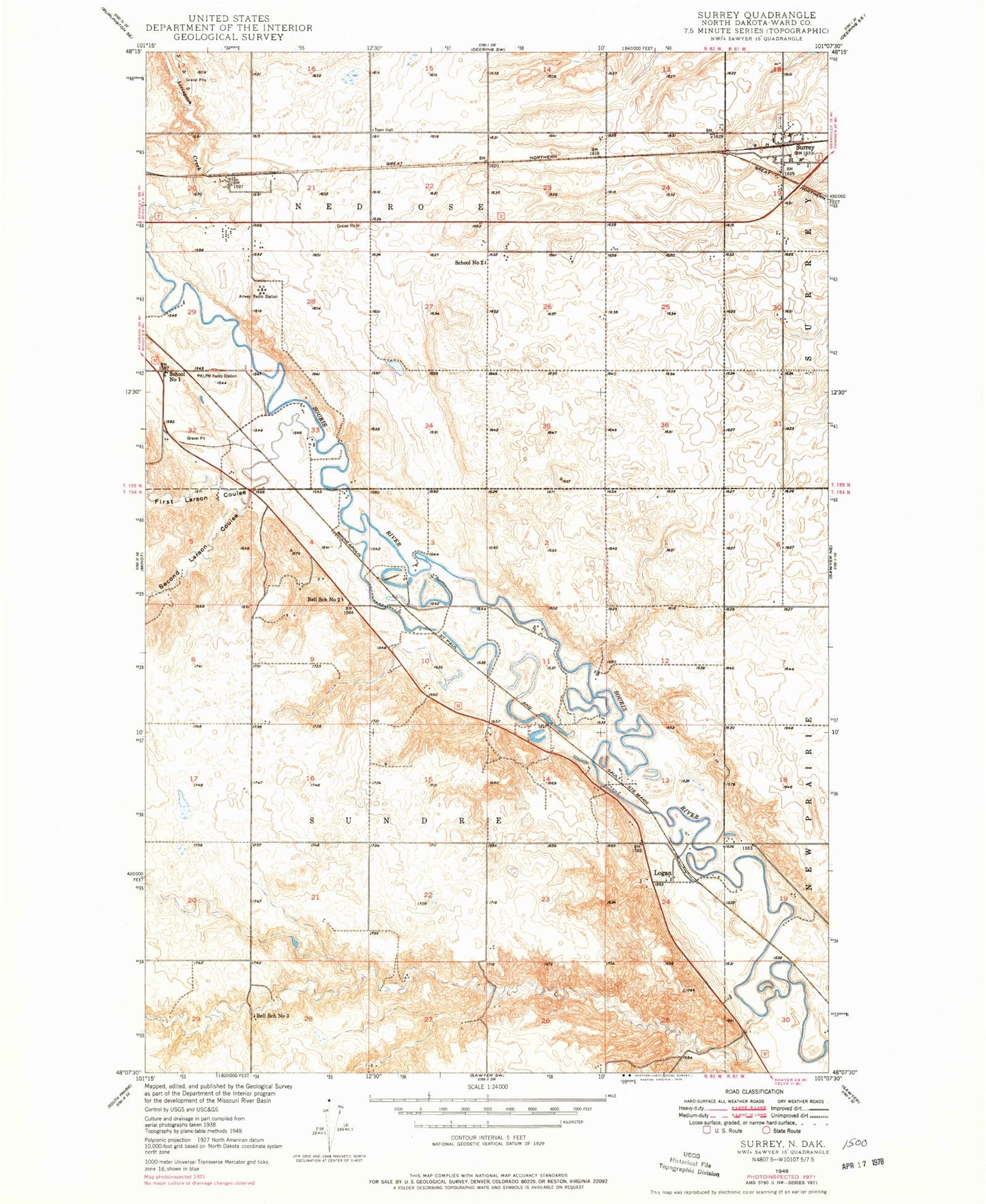 Classic USGS Surrey North Dakota 7.5'x7.5' Topo Map Image
